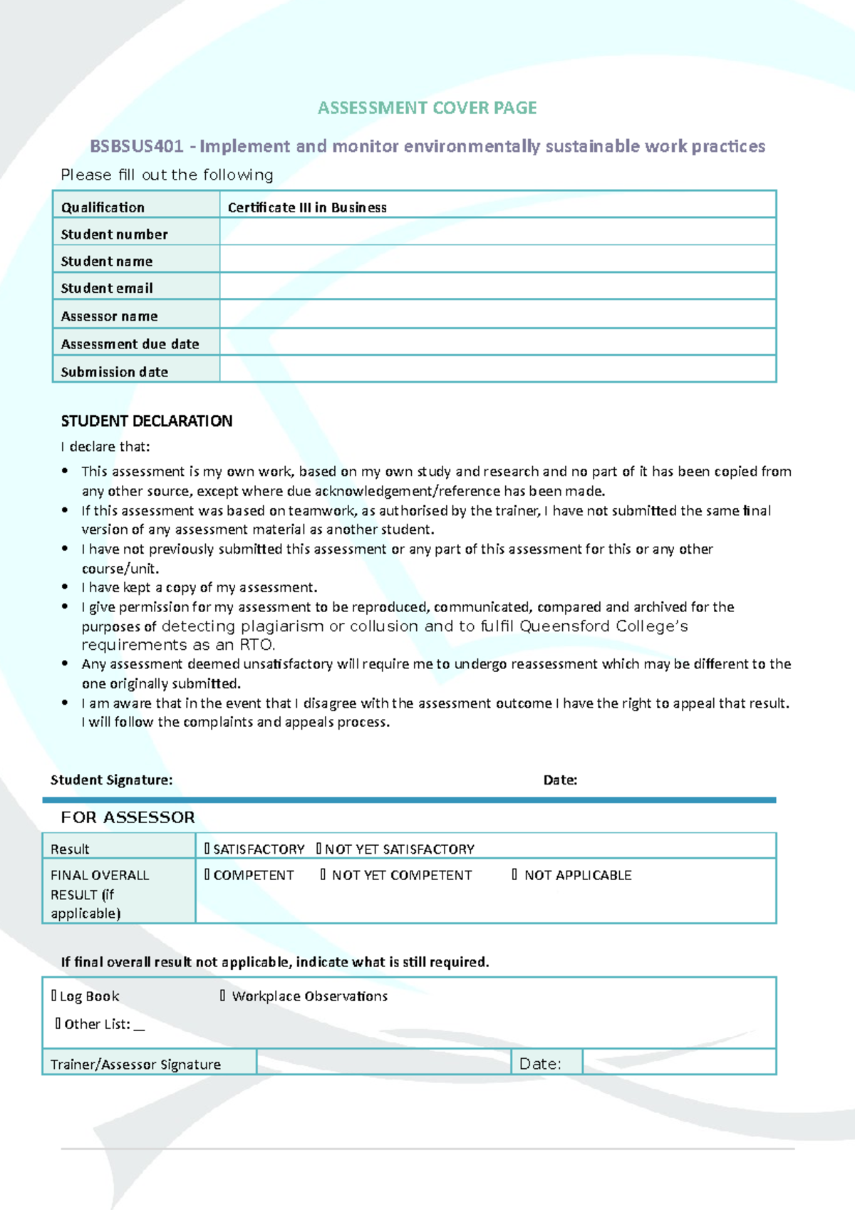 Bsbsus 401 Assessment Workbook V5.1 ]]] - Assessment Cover Page 