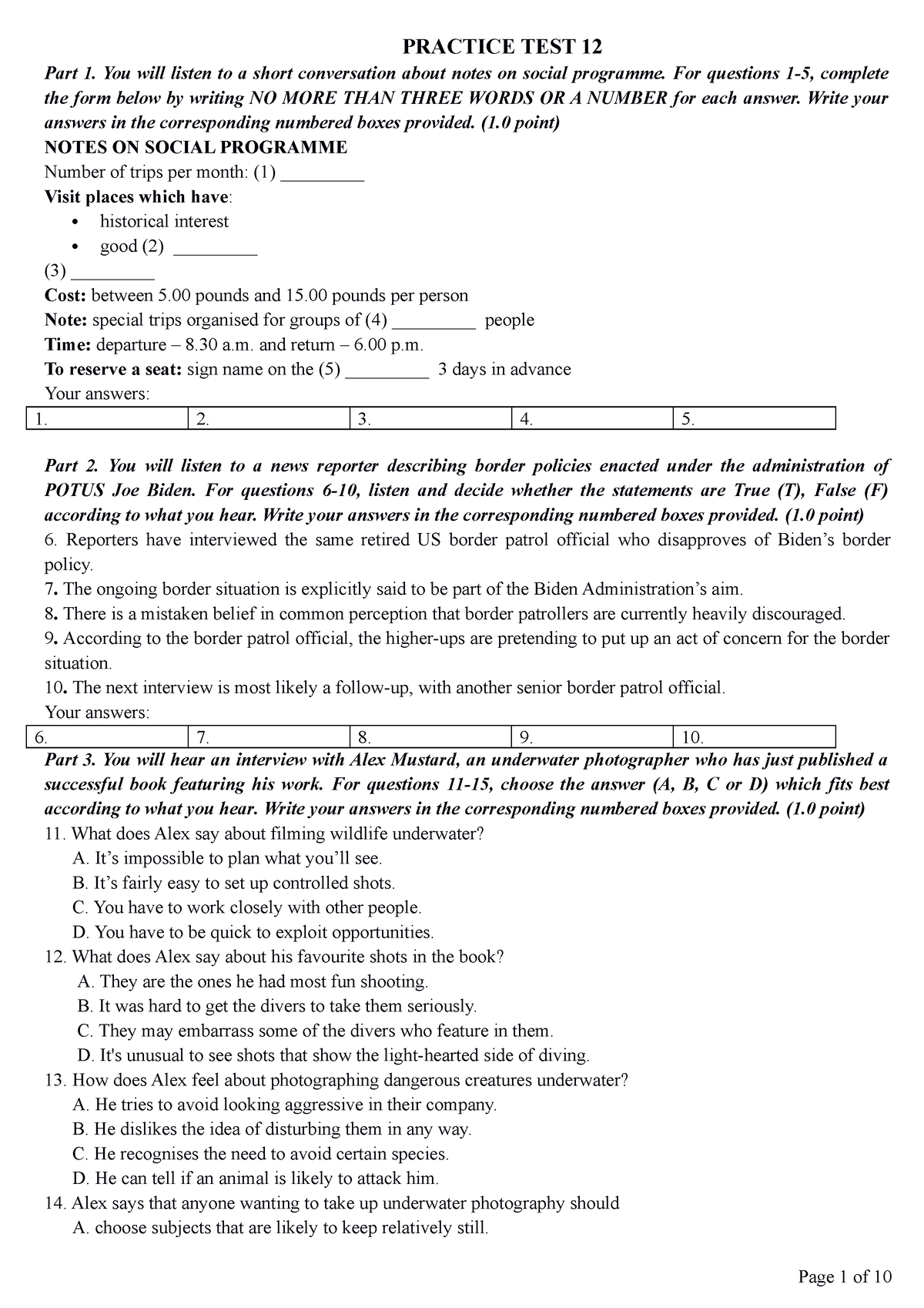 P12 - english test for advanced - PRACTICE TEST 12 Part 1. You will ...