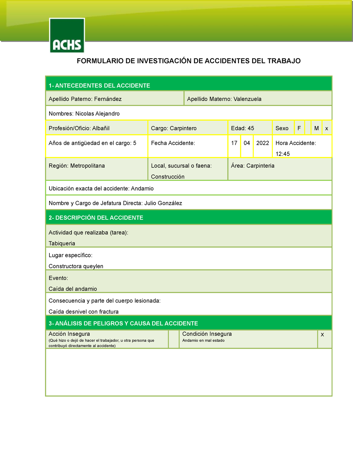 Formulario Investigacion Accidentes Trabajo 1 Formulario De InvestigaciÓn De Accidentes Del 3862