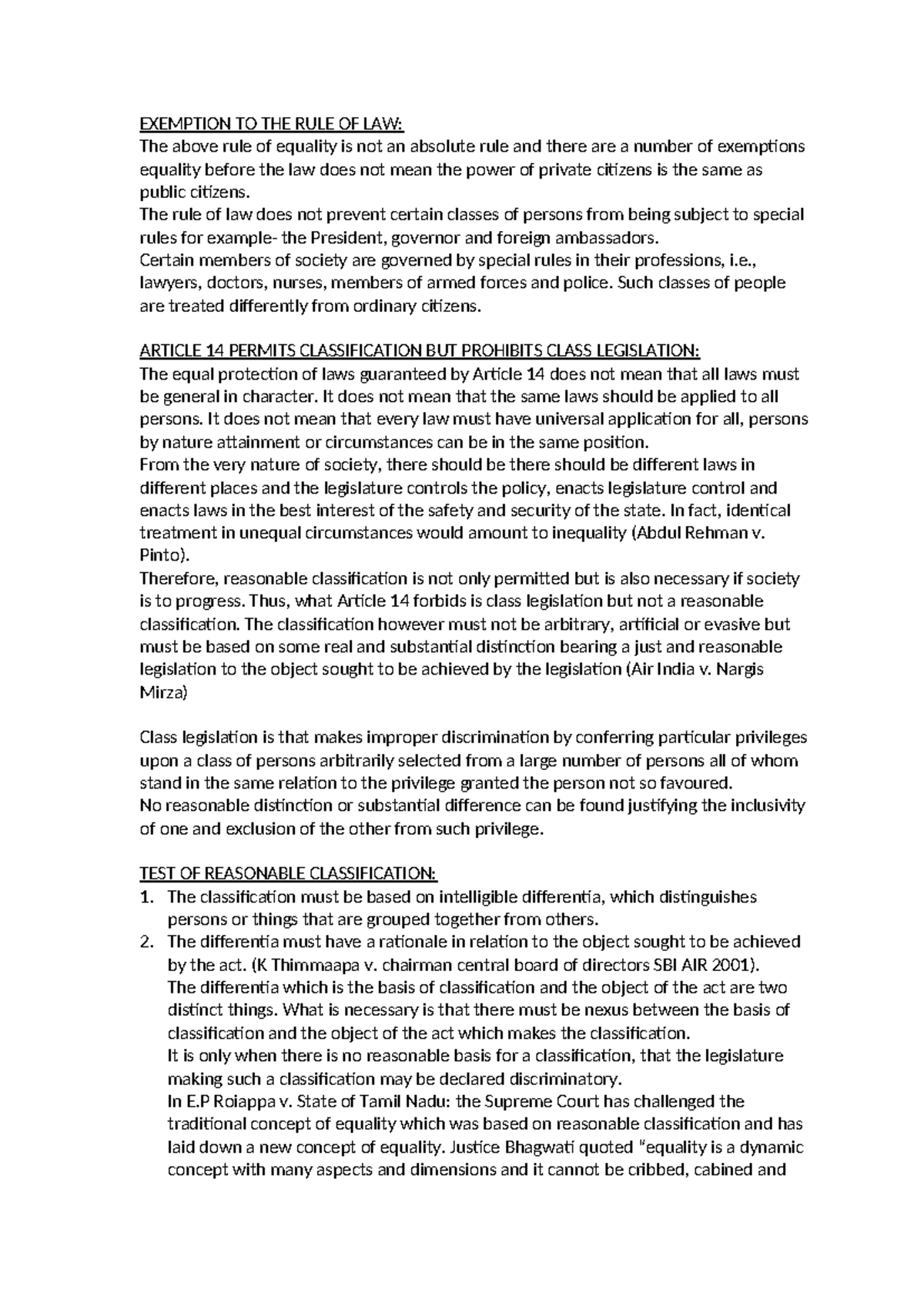 Article 14 - Fundamental right notes - EXEMPTION TO THE RULE OF LAW ...