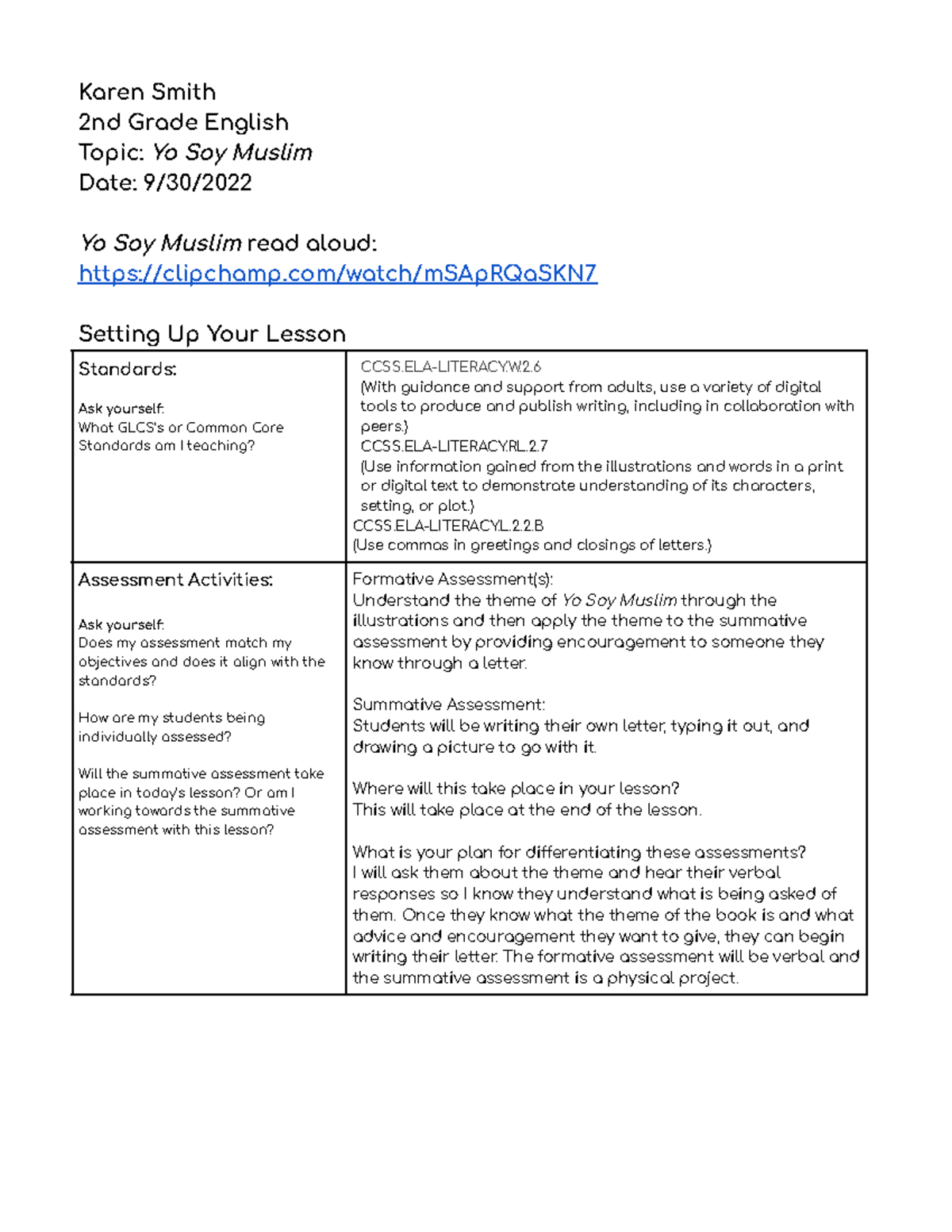 K Smith Yo Soy Muslim Lesson Plan - Karen Smith 2nd Grade English Topic ...