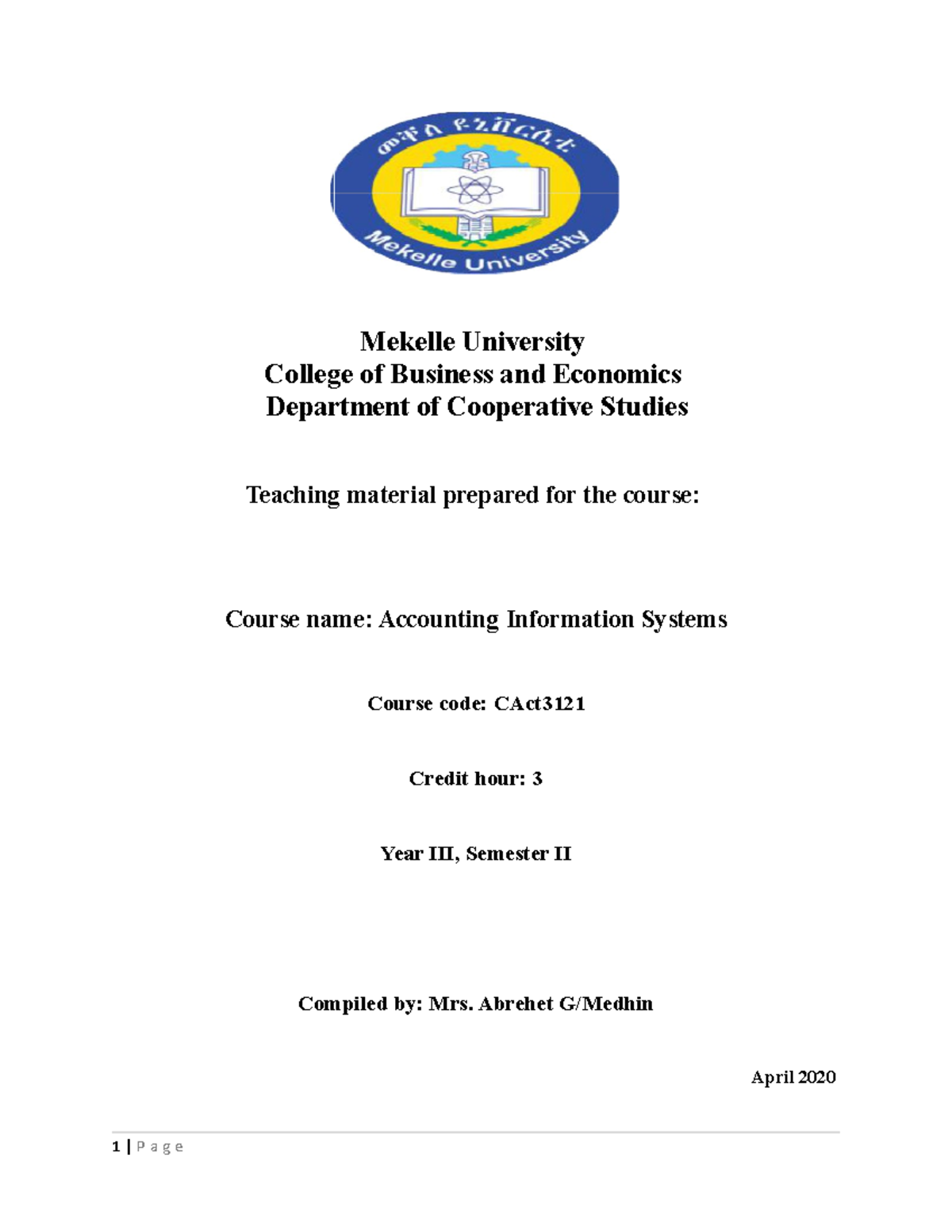 Compilled Teaching Material AIS - Mekelle University College Of ...