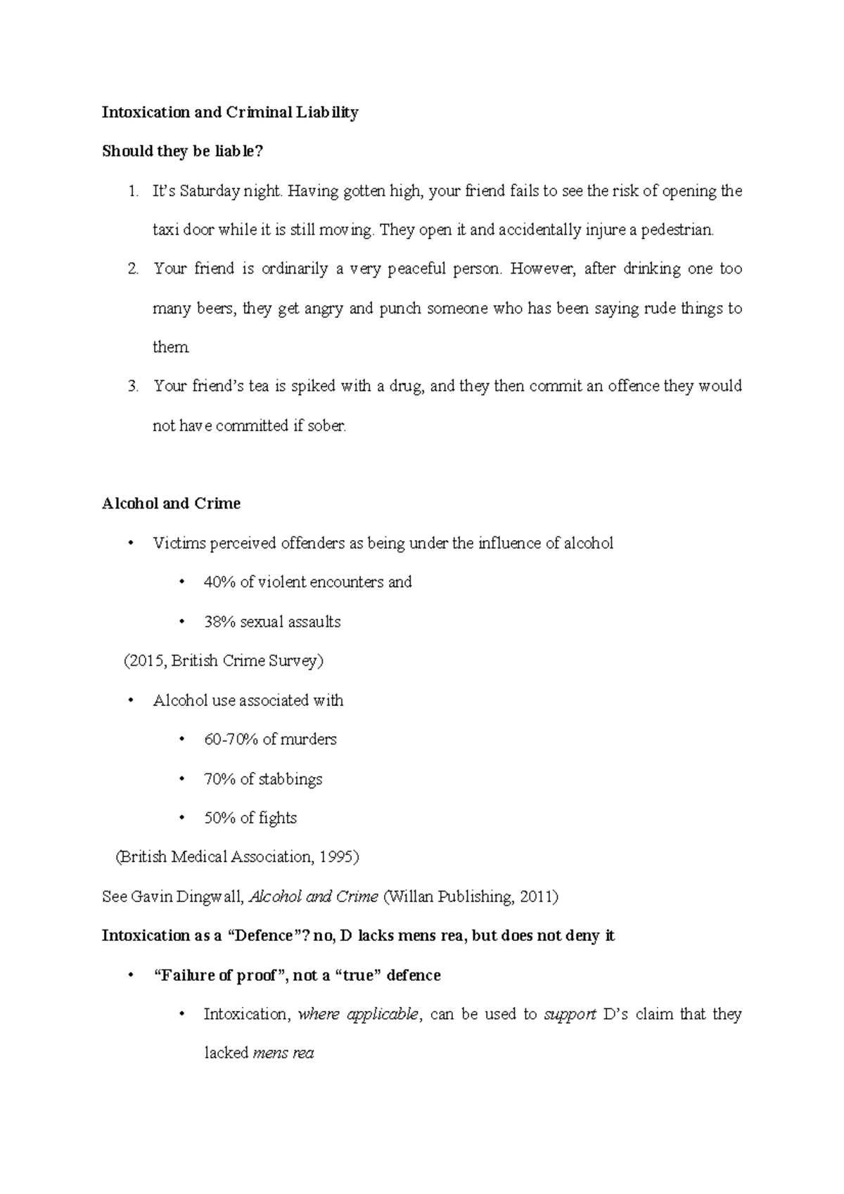 Intoxication and Criminal Liability notes - Intoxication and Criminal ...