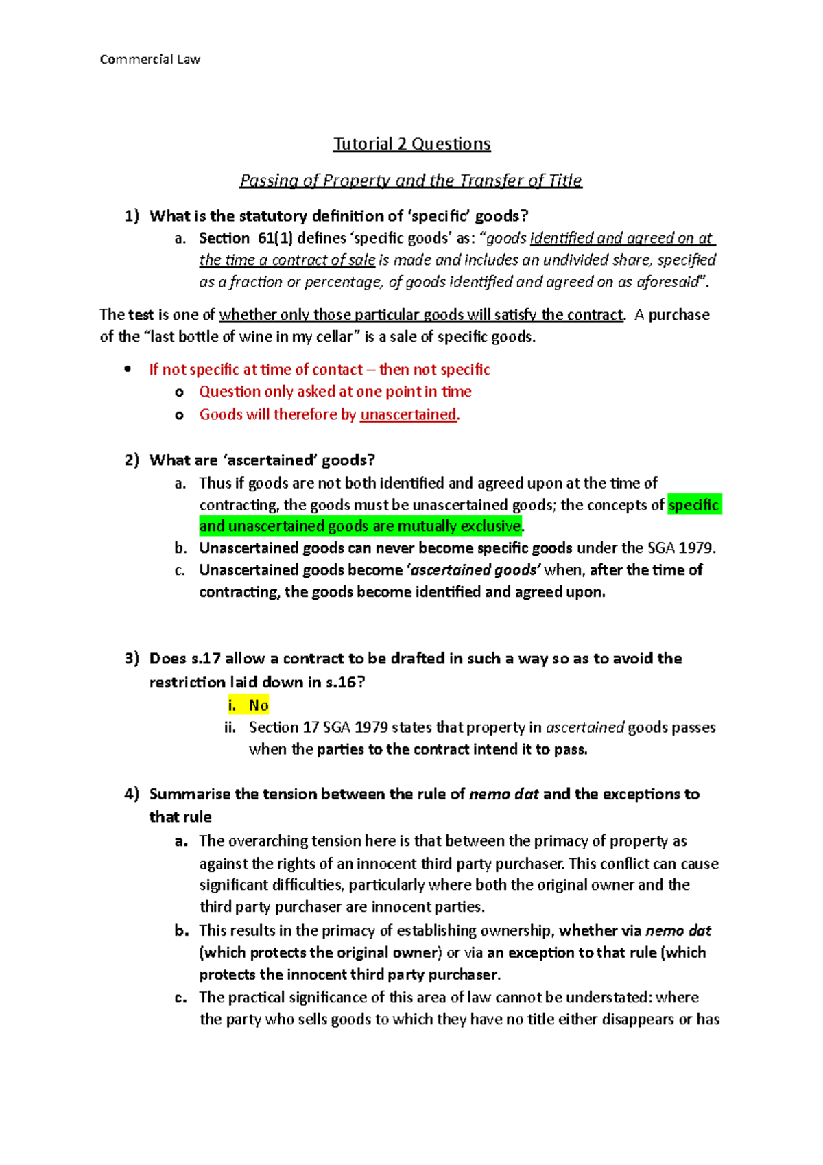Tutorial 2 Questions - Passing of Property and Title - Commercial Law ...