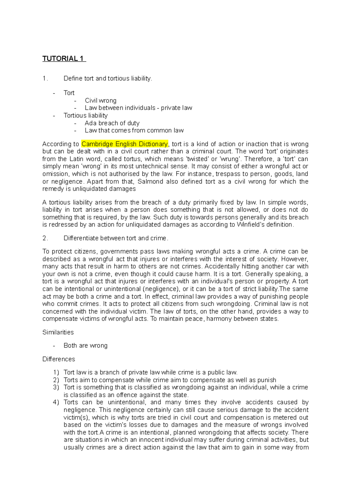 Tutorial Torts Law I - TUTORIAL 1 Define Tort And Tortious Liability ...