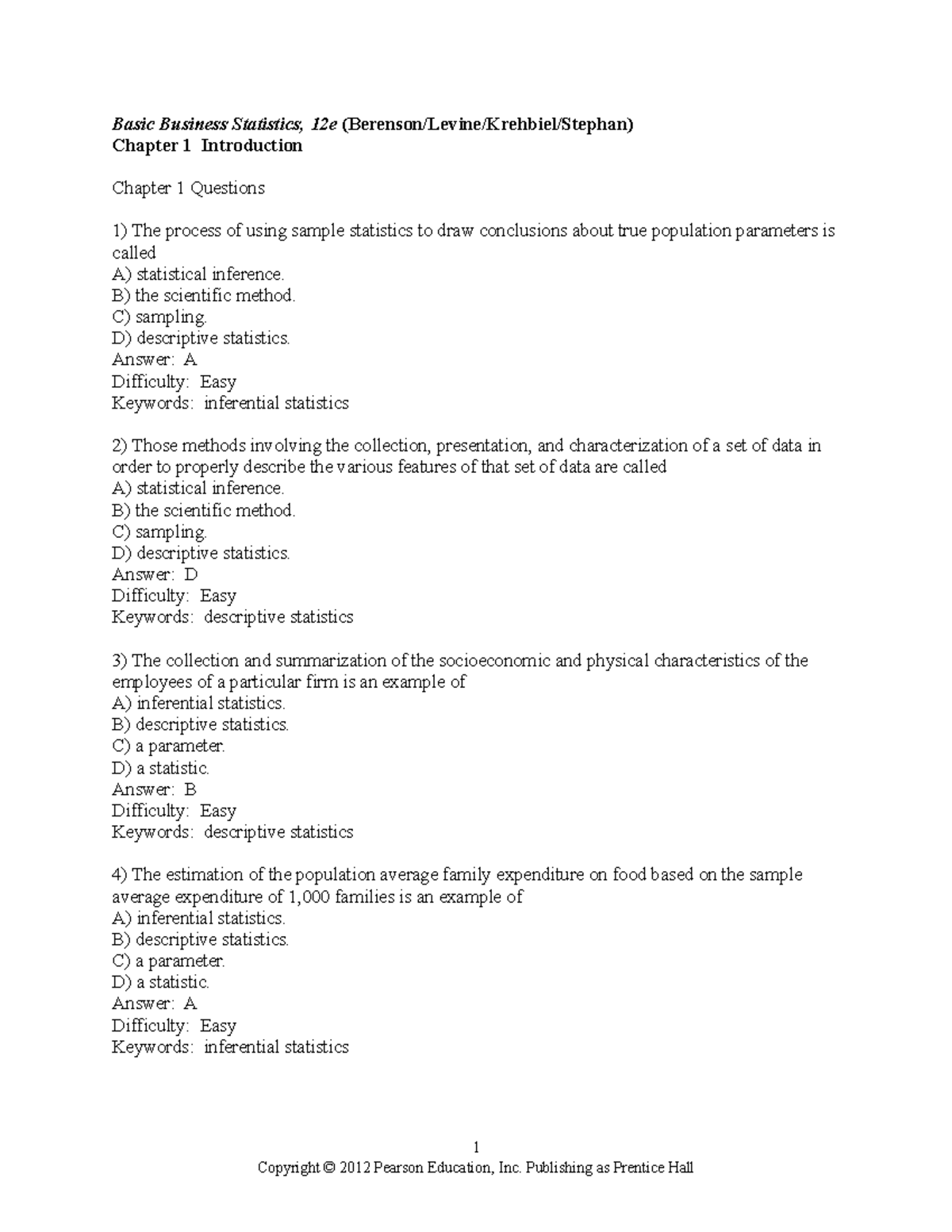 Berenson CH 1 TEST BANK - yes - Basic Business Statistics, 12e ...