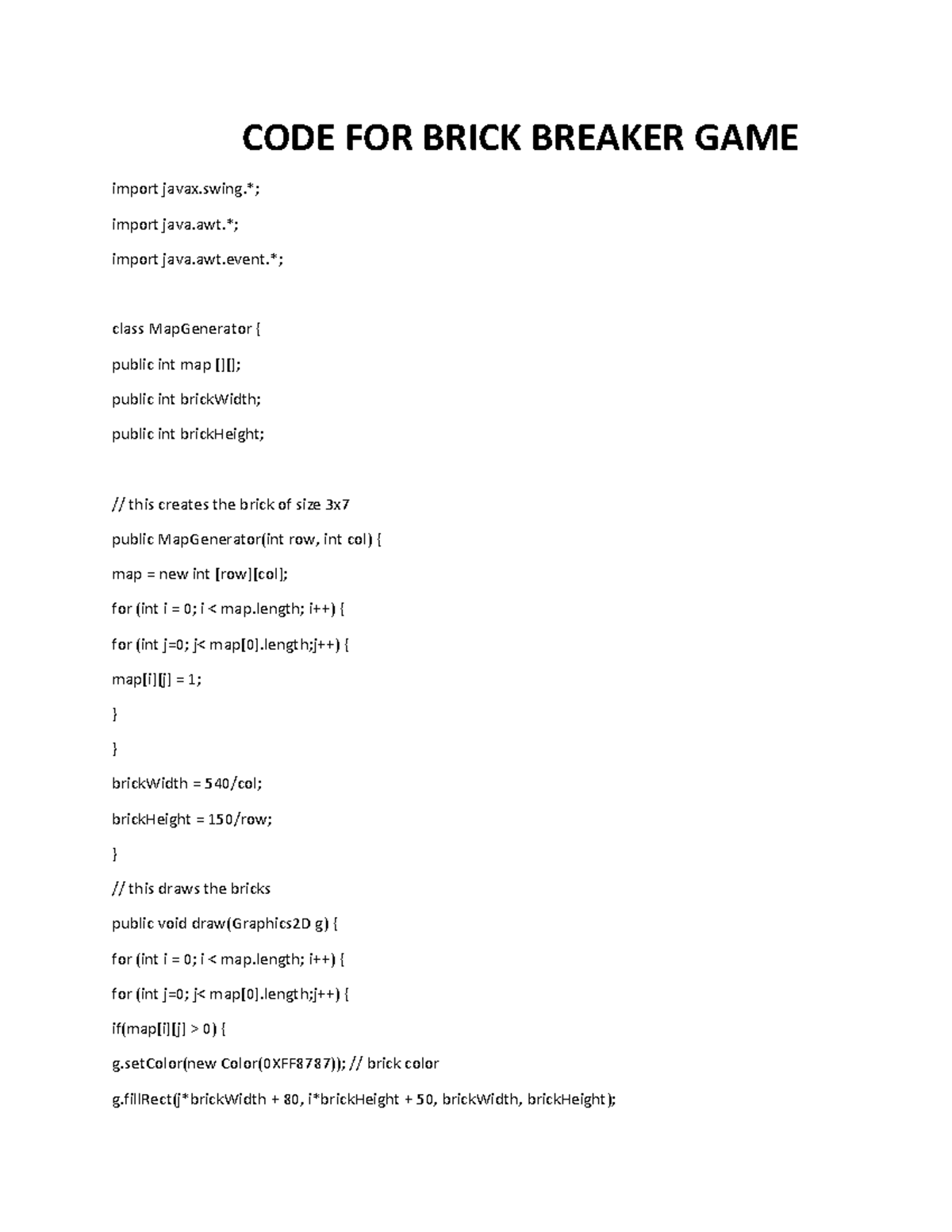 Miniproject code java - Code for game - CODE FOR BRICK BREAKER GAME ... image.