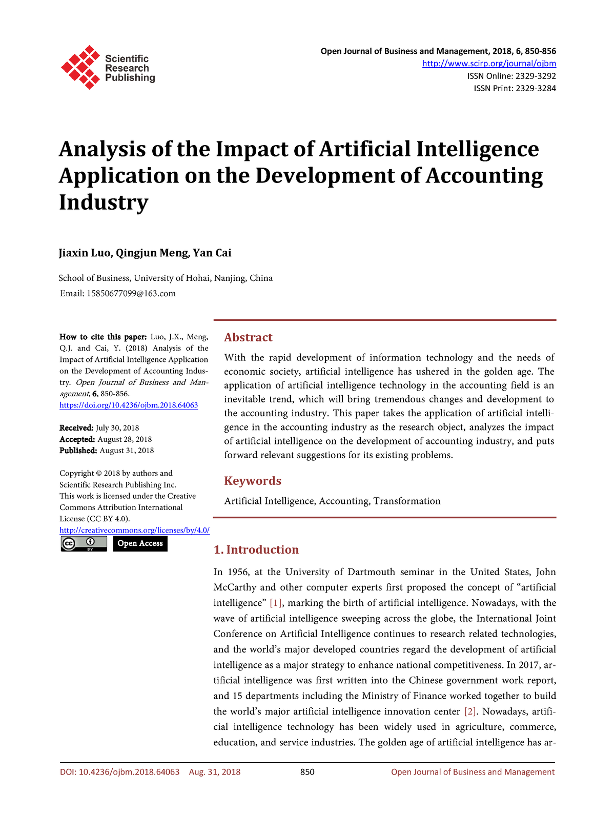 Analysis Of The Impact Of Artificial Intelligence - Open Journal Of ...