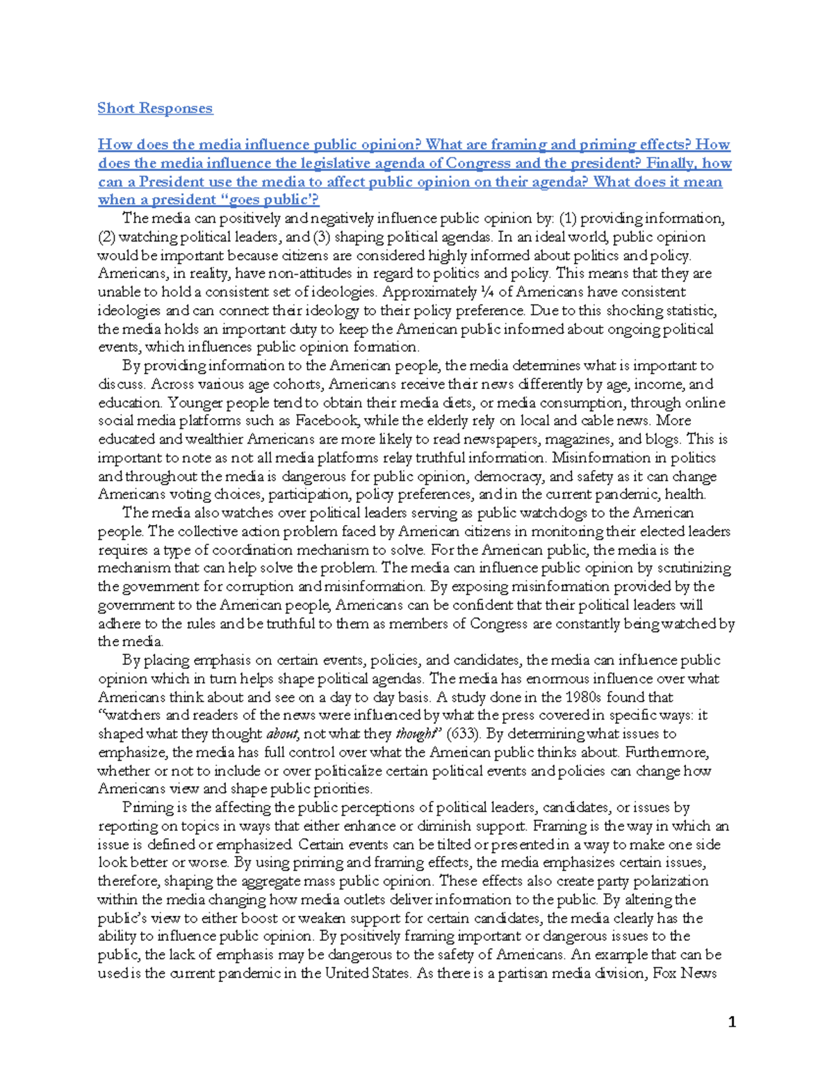 PSC 121 Short Repsones Short Responses How Does The Media Influence