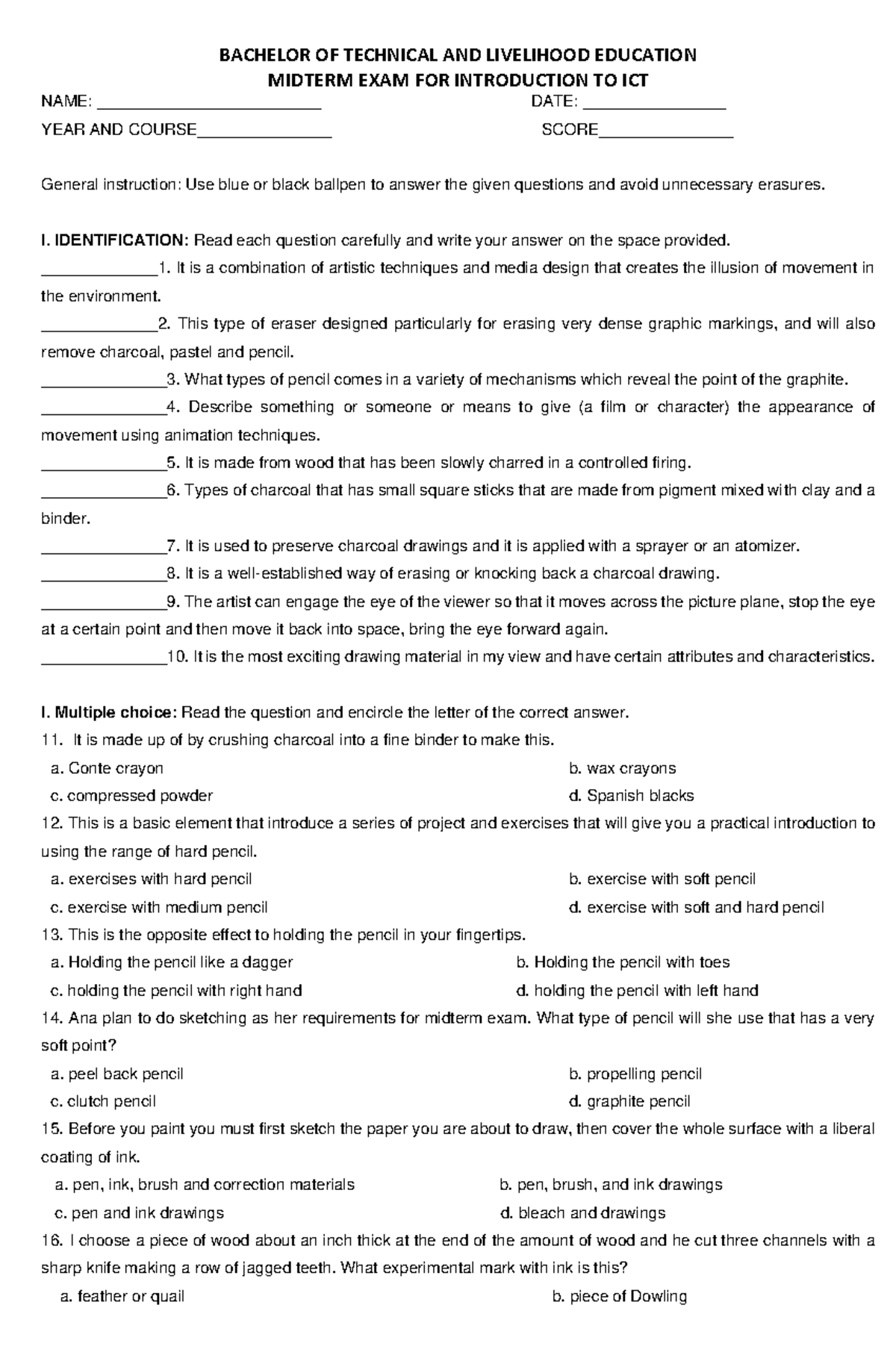 Introduction TO ICT EXAM - BACHELOR OF TECHNICAL AND LIVELIHOOD ...