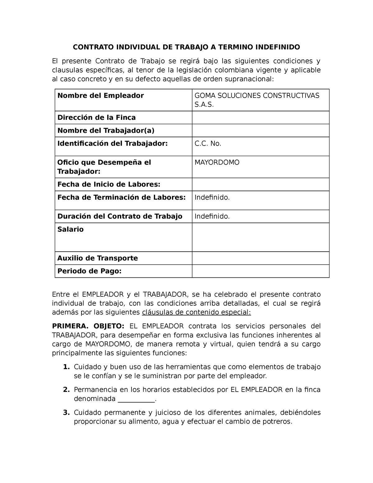 Contrato A Termino Indefinido Modelo Mayordomo - CONTRATO INDIVIDUAL DE TRABAJO  A TERMINO INDEFINIDO - Studocu