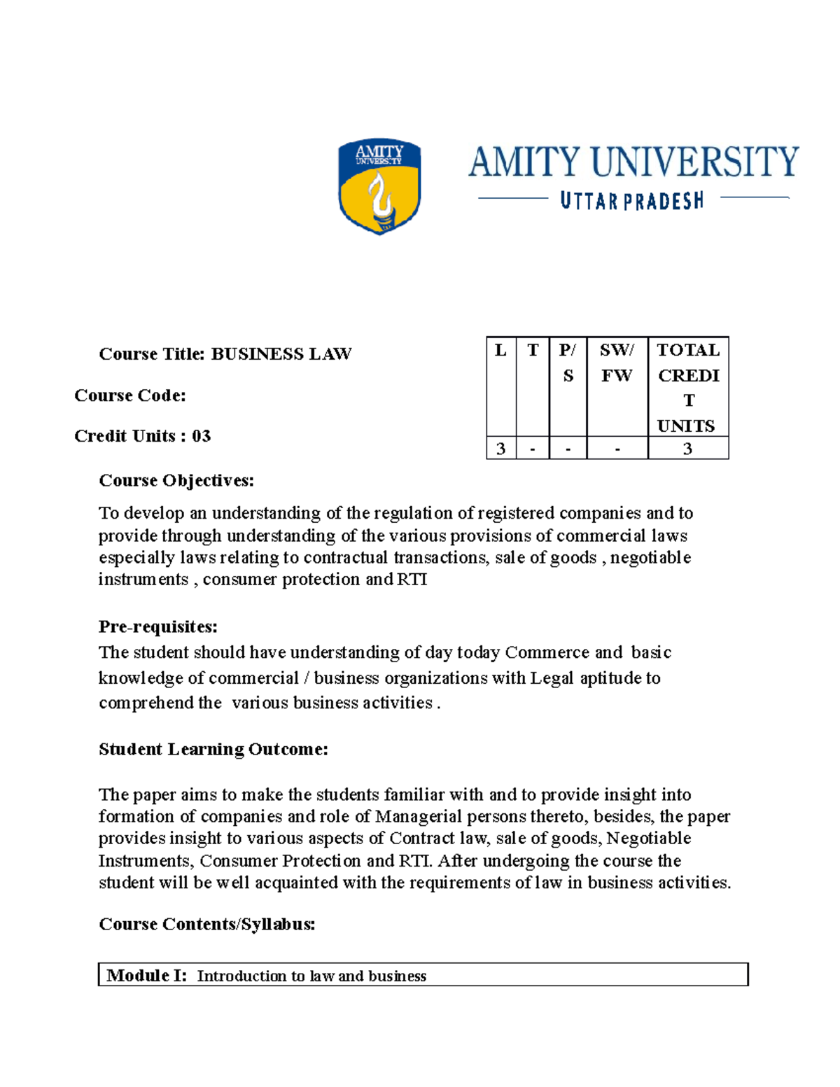 Syllabus - Business Law Preview - Course Title: BUSINESS LAW Course ...