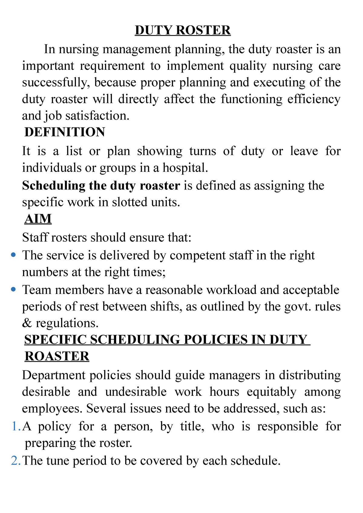 DUTY Roster Rohini DUTY ROSTER In Nursing Management Planning The 