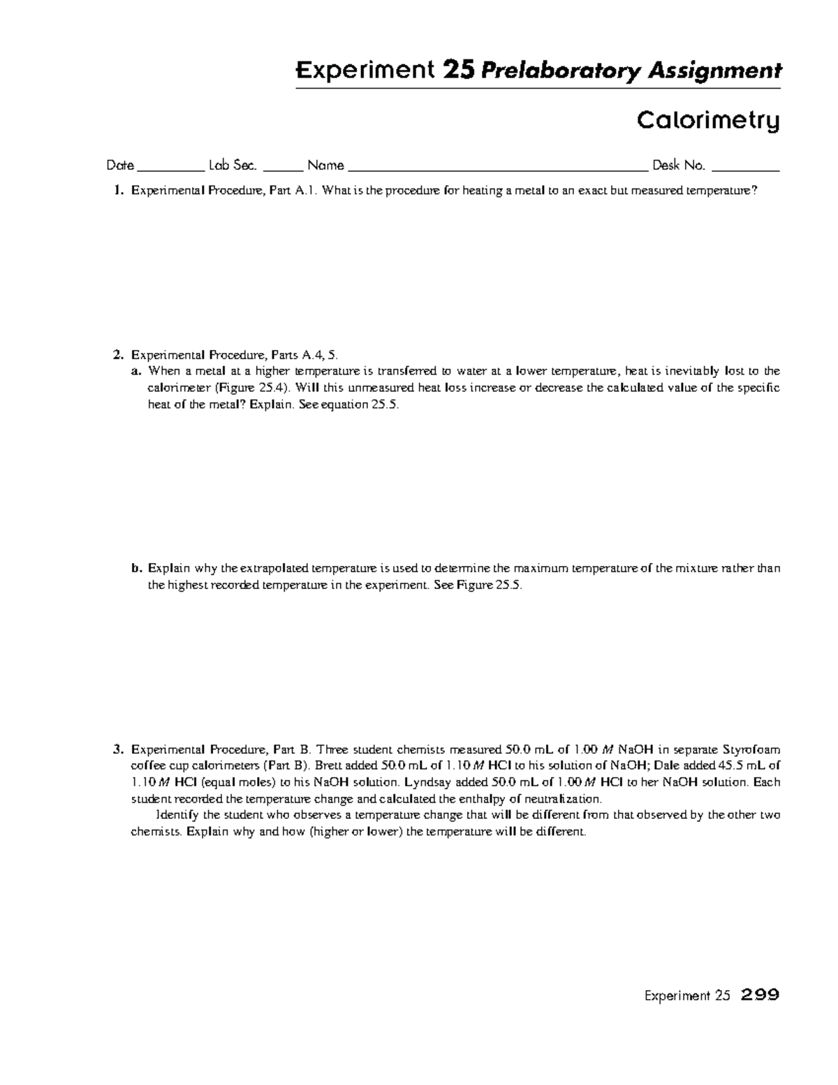 Lab 25 Calorimetry Experiment 25 Prelaboratory Assignment