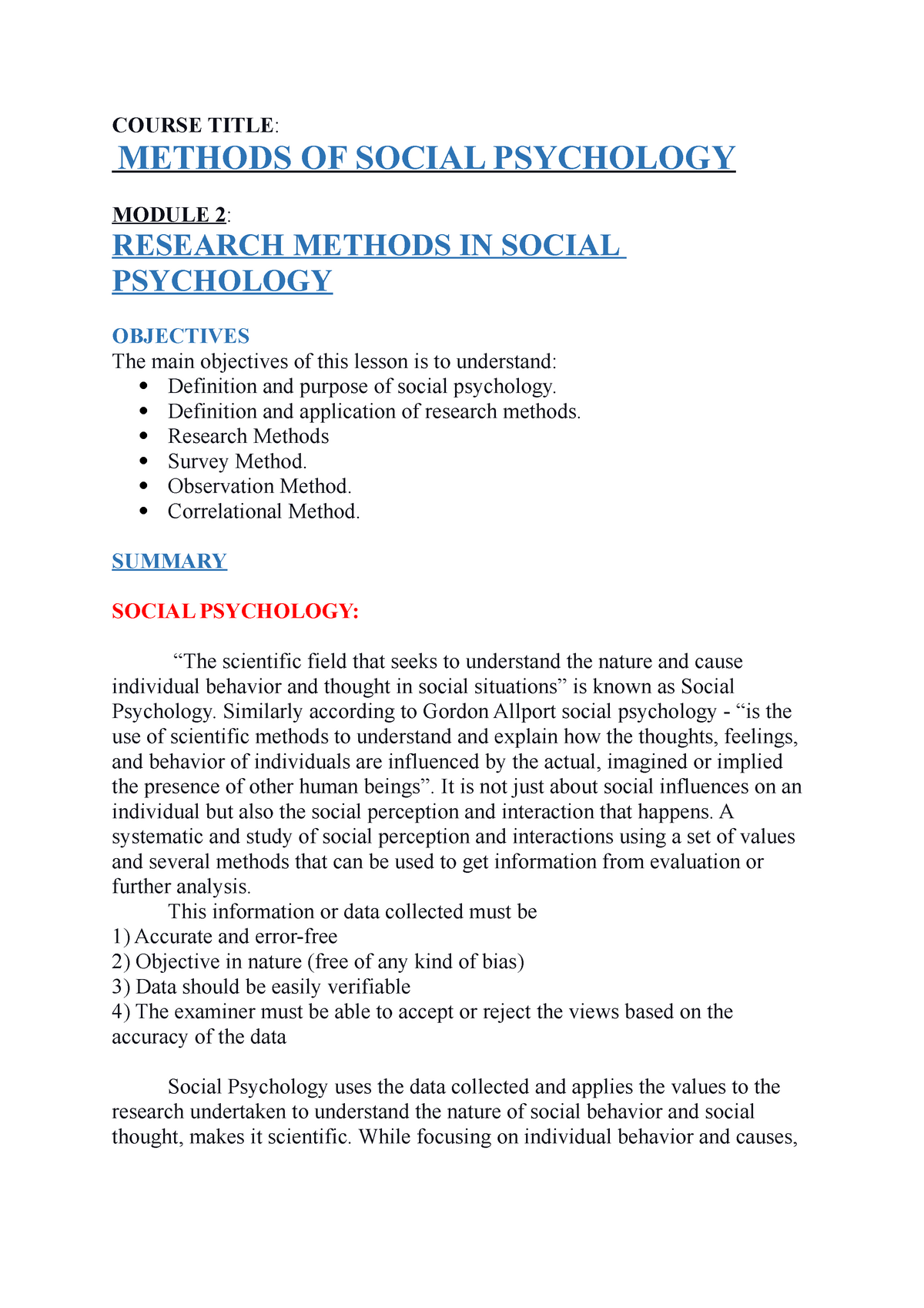 Bmooc-module-social Psy - COURSE TITLE: METHODS OF SOCIAL PSYCHOLOGY ...