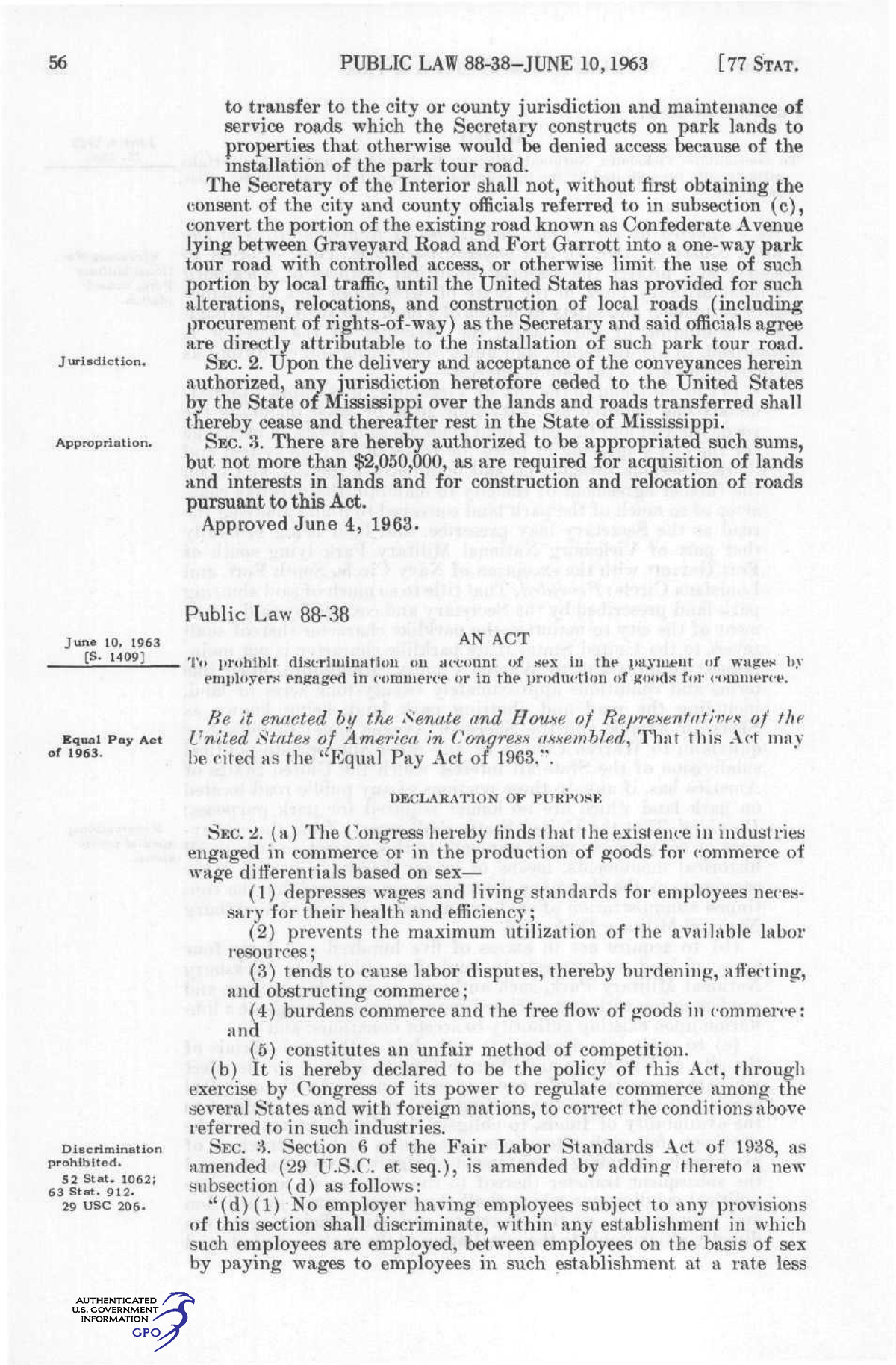 Equal Pay Act of 1963., 77 Stat. 56 legi - 56 PUBLIC LAW 88-38-JUNE ...