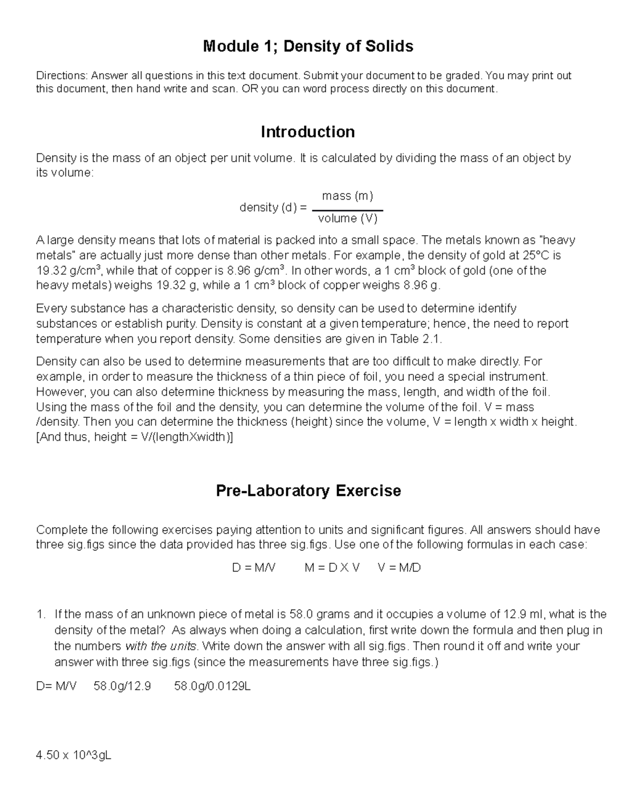 Module 1 Density of Solids (Done Module 1; Density of Solids Directions Answer all questions
