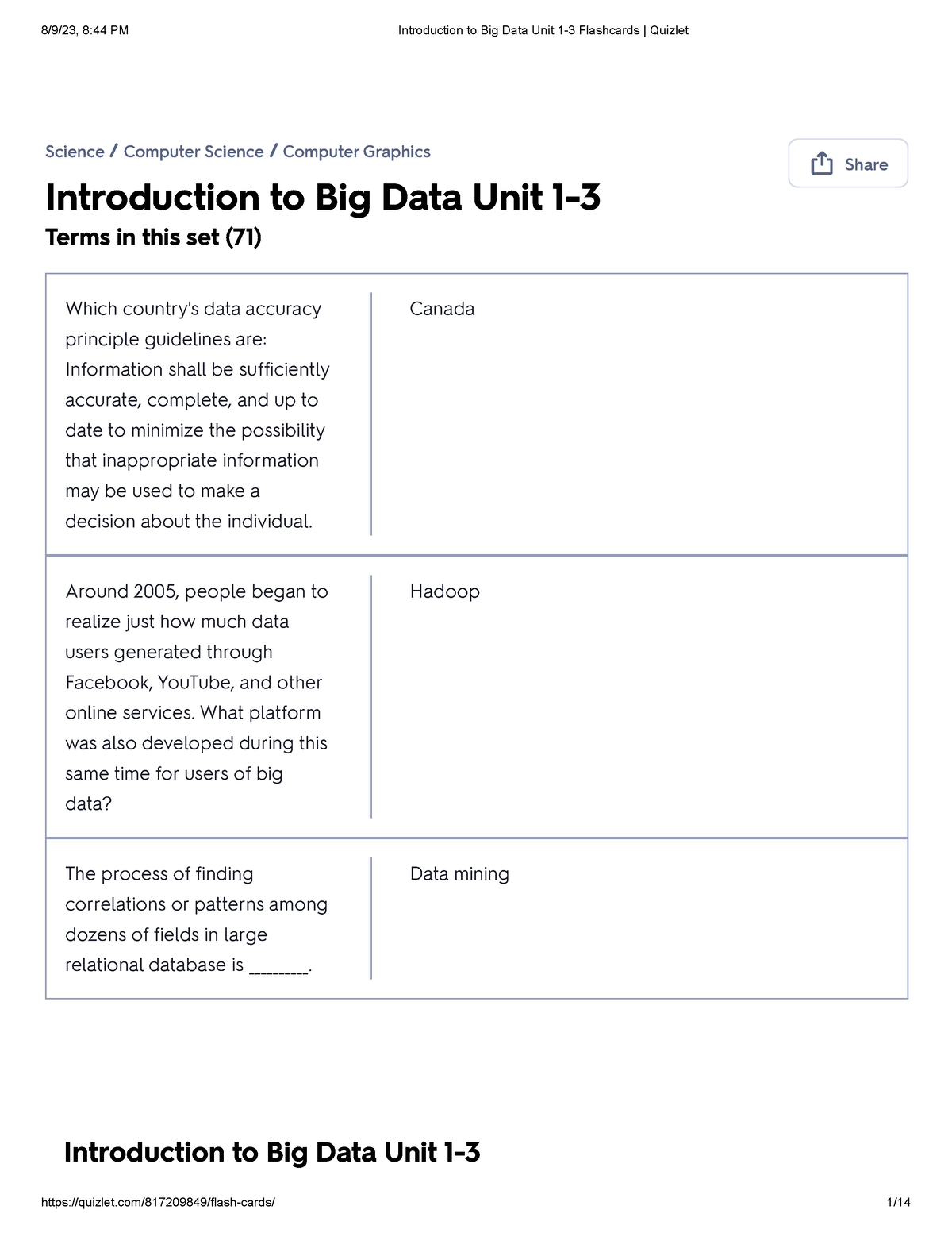 Introduction To Big Data Unit 1-3 Flashcards Quizlet - CS 3440 ...