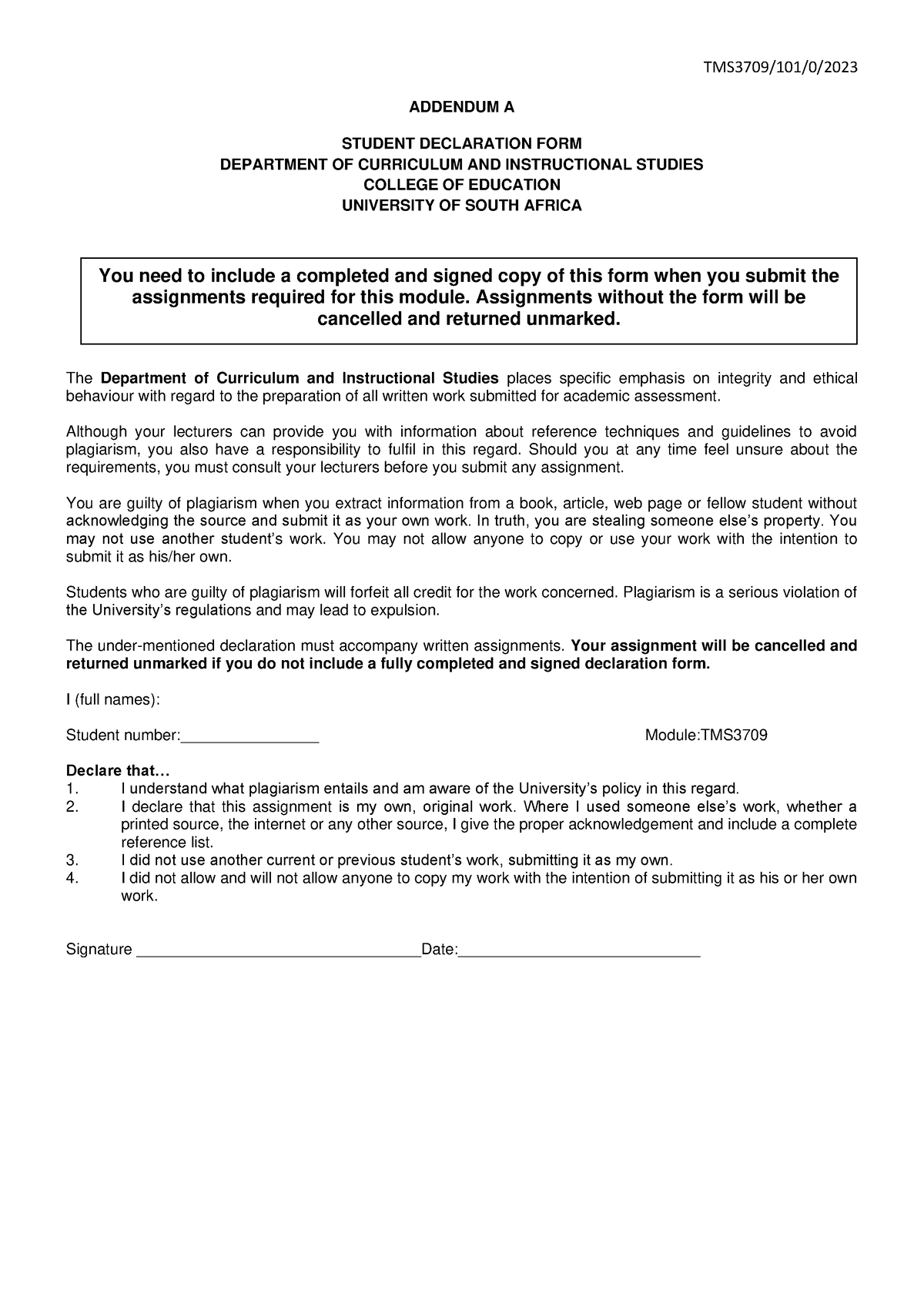 Student Declaration Page - TMS3709/101/0/ ADDENDUM A STUDENT ...