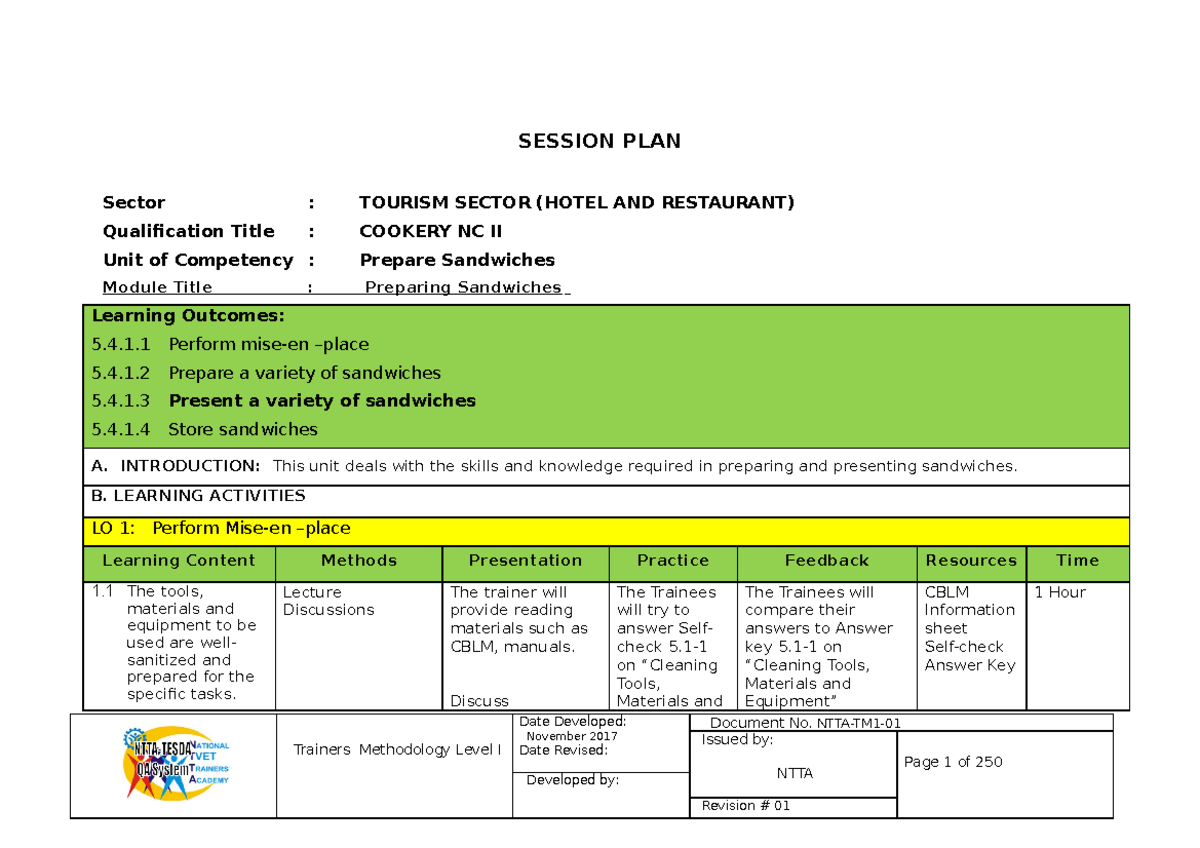 Shai-Session-plan - Session Plan - SESSION PLAN Sector : TOURISM SECTOR ...