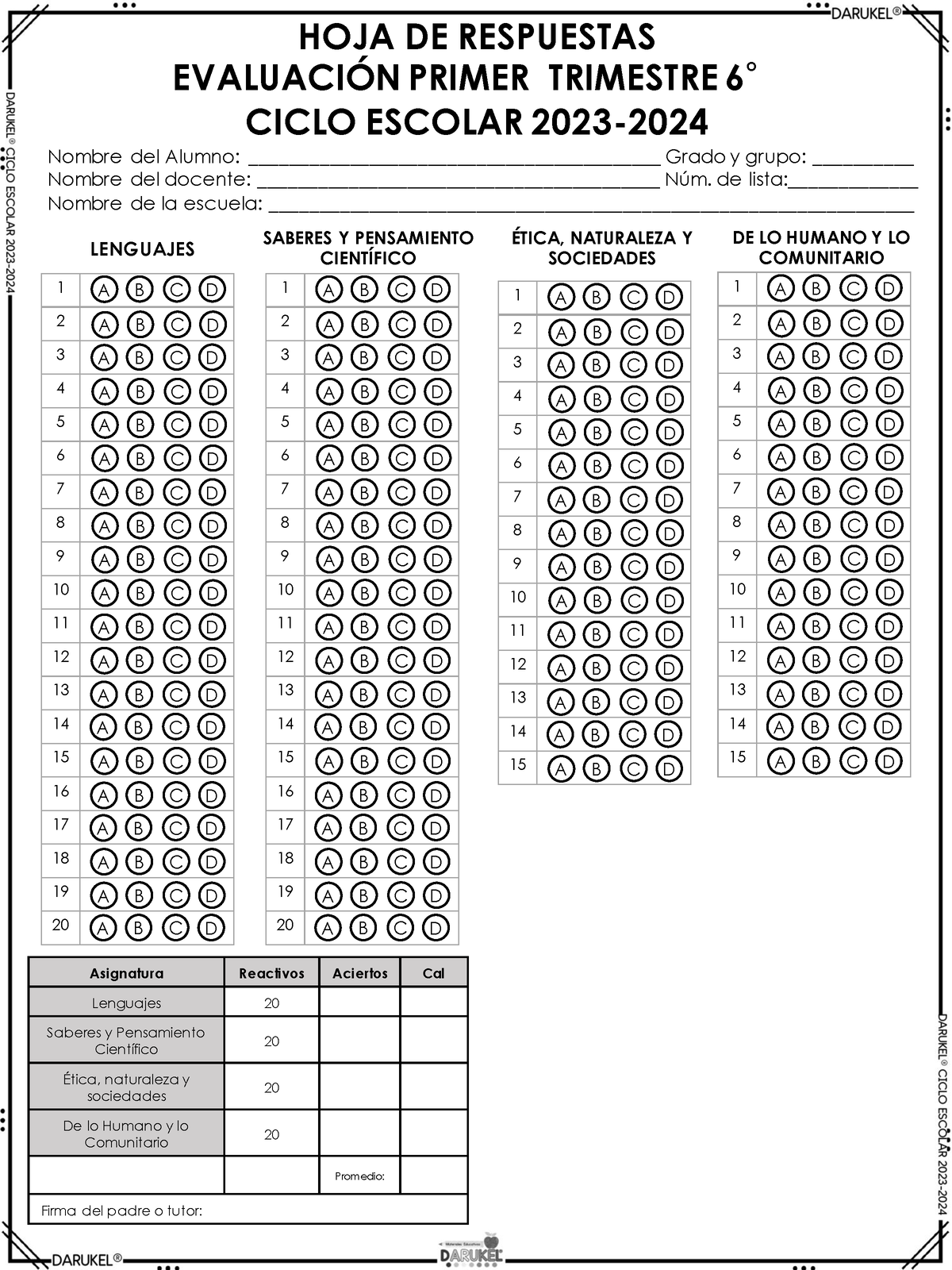 6°🦋♾️T1 Hoja De Respuestas Darukel 2023-2024 🦋♾️ - Nombre Del Alumno ...