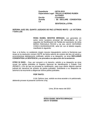 Escrito SE Declare Consentida LA Sentencia - Expediente : 00730-  Especialista Legal: TRUJILLO MERINO - Studocu