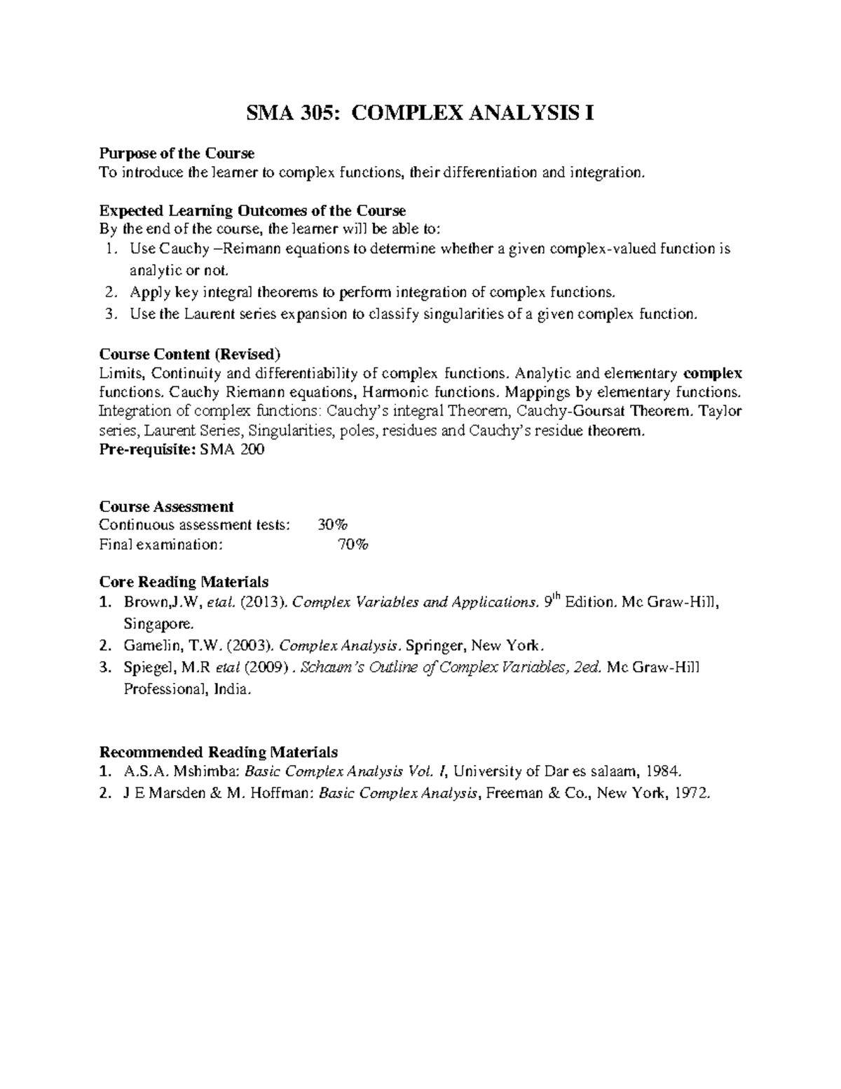 SMA 305 Notes - SMA 305: COMPLEX ANALYSIS I Purpose of the Course To ...