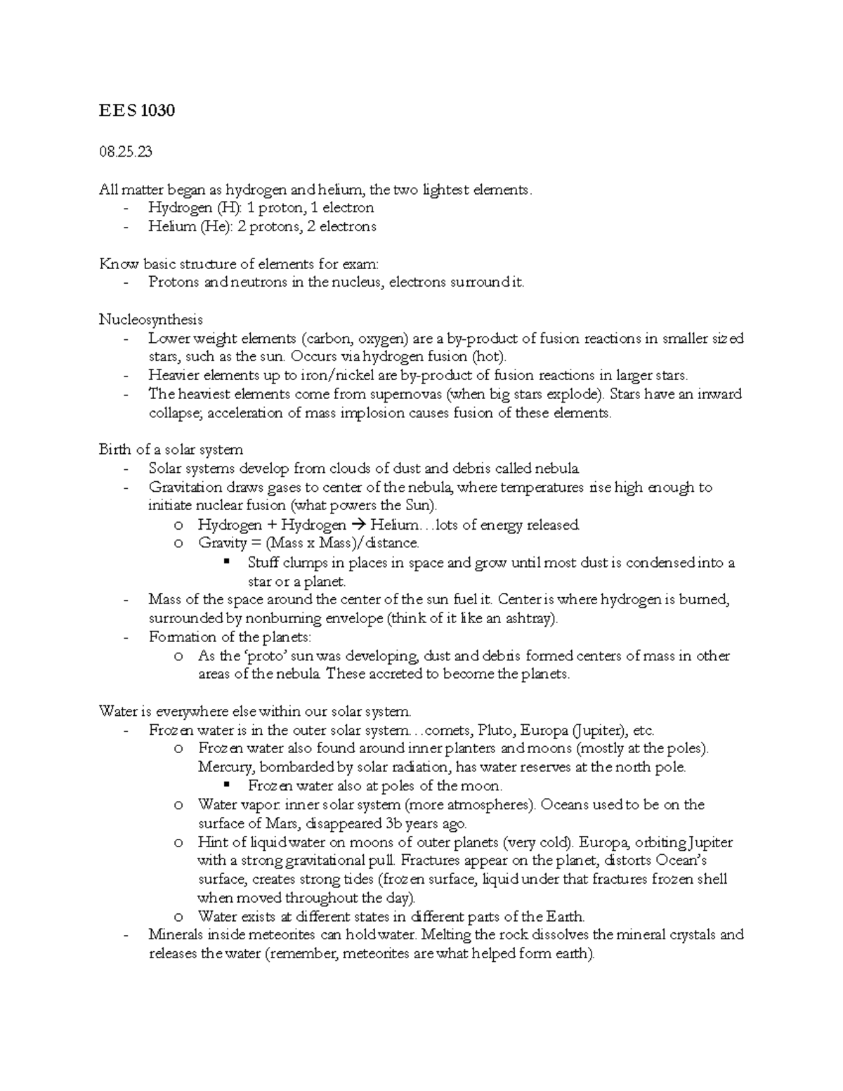 EES 1030 - Lecture notes past MT1 - EES 1030 08. All matter began as ...