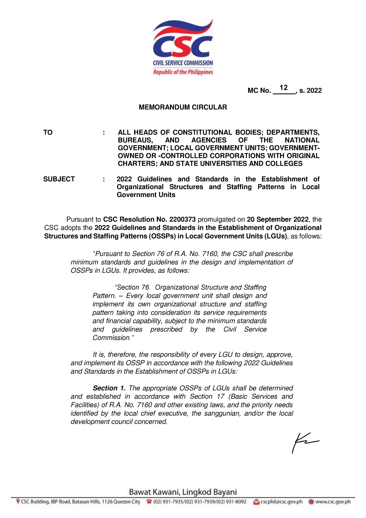 MCNo.12 S. 2022 - Civil Service Commission 2022 Guidelines And ...