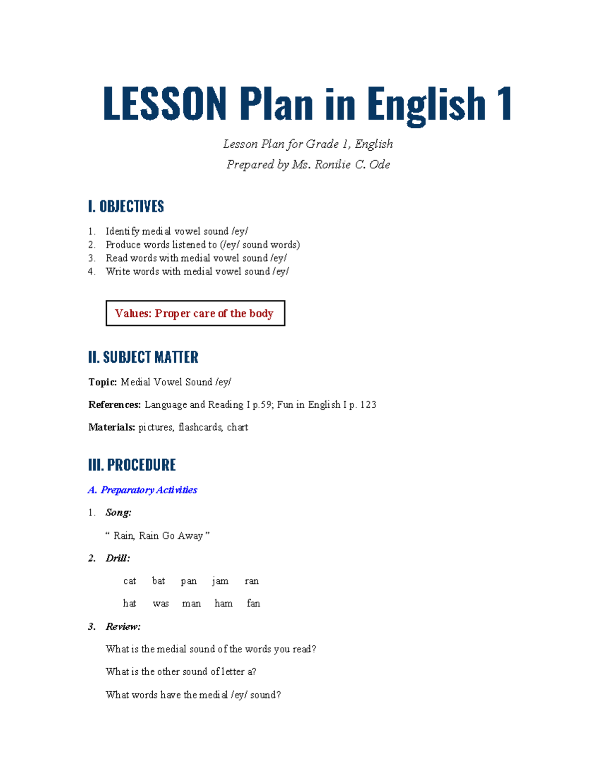 Lesson-plan-sample compress - LESSON Plan in English 1 Lesson Plan for ...
