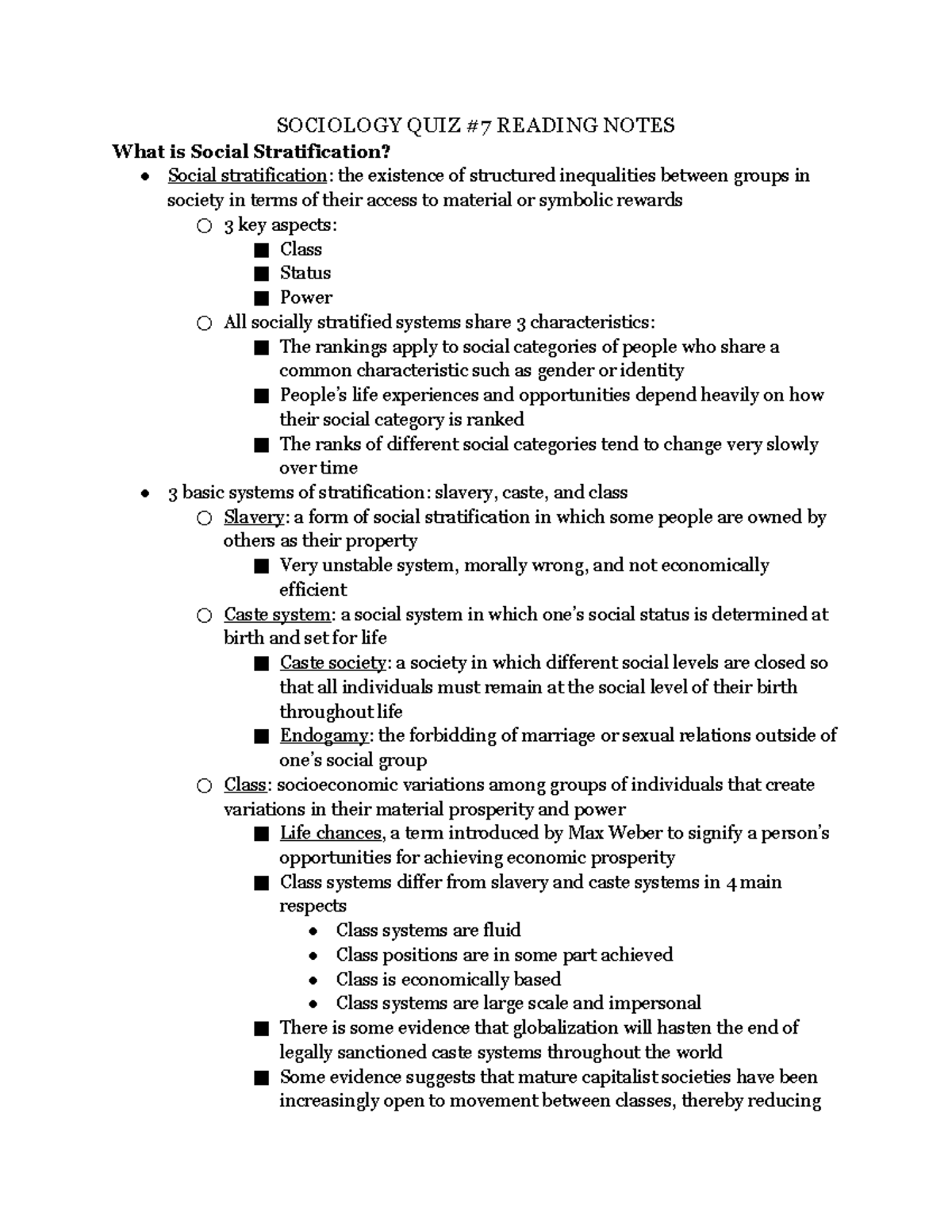 Sociology QUIZ #7 - SOCIOLOGY QUIZ #7 READING NOTES What is Social ...