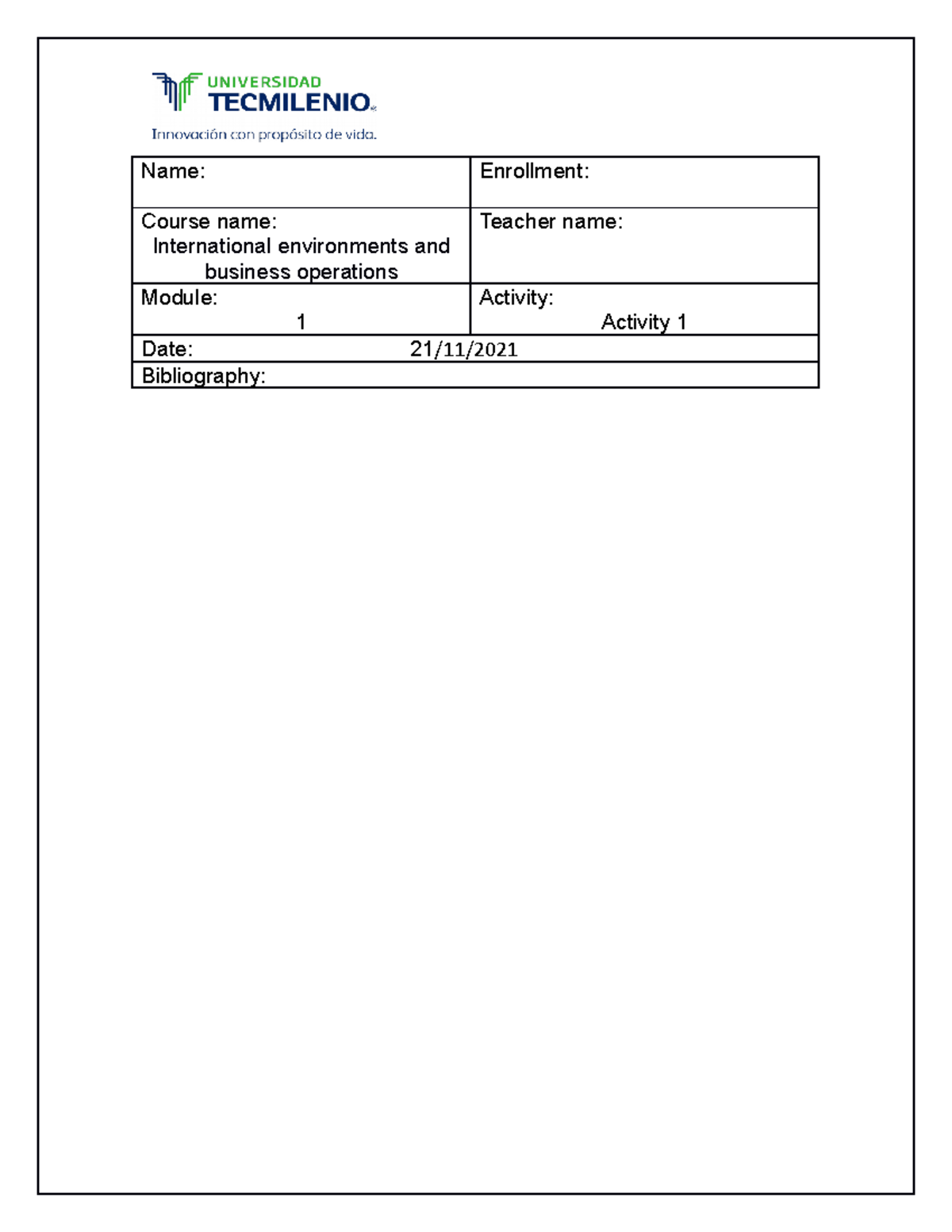 Activity 1 International - Name: Enrollment: Course name: International ...