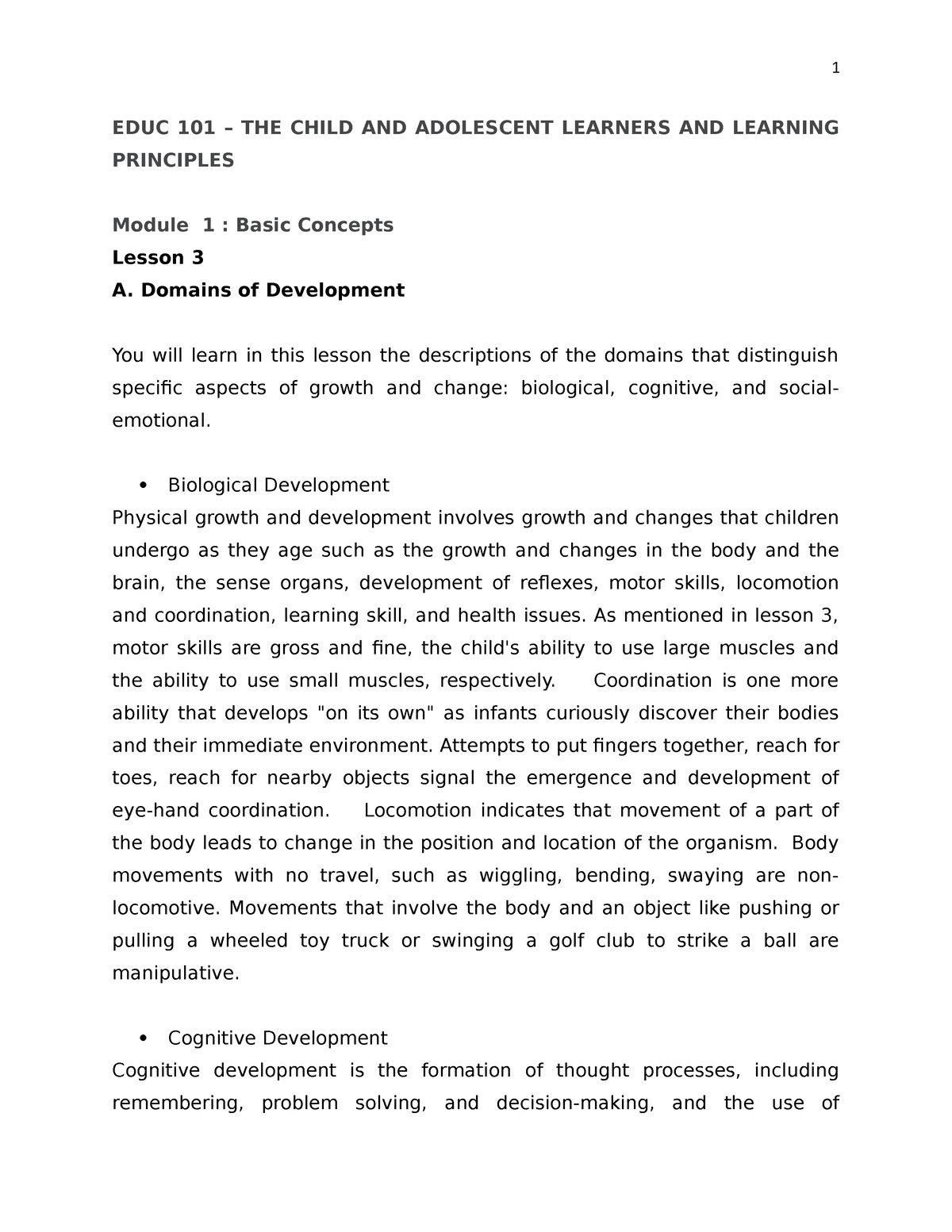 Educ 101-Module 1-Lesson 3A - 1 EDUC 101 – THE CHILD AND ADOLESCENT ...