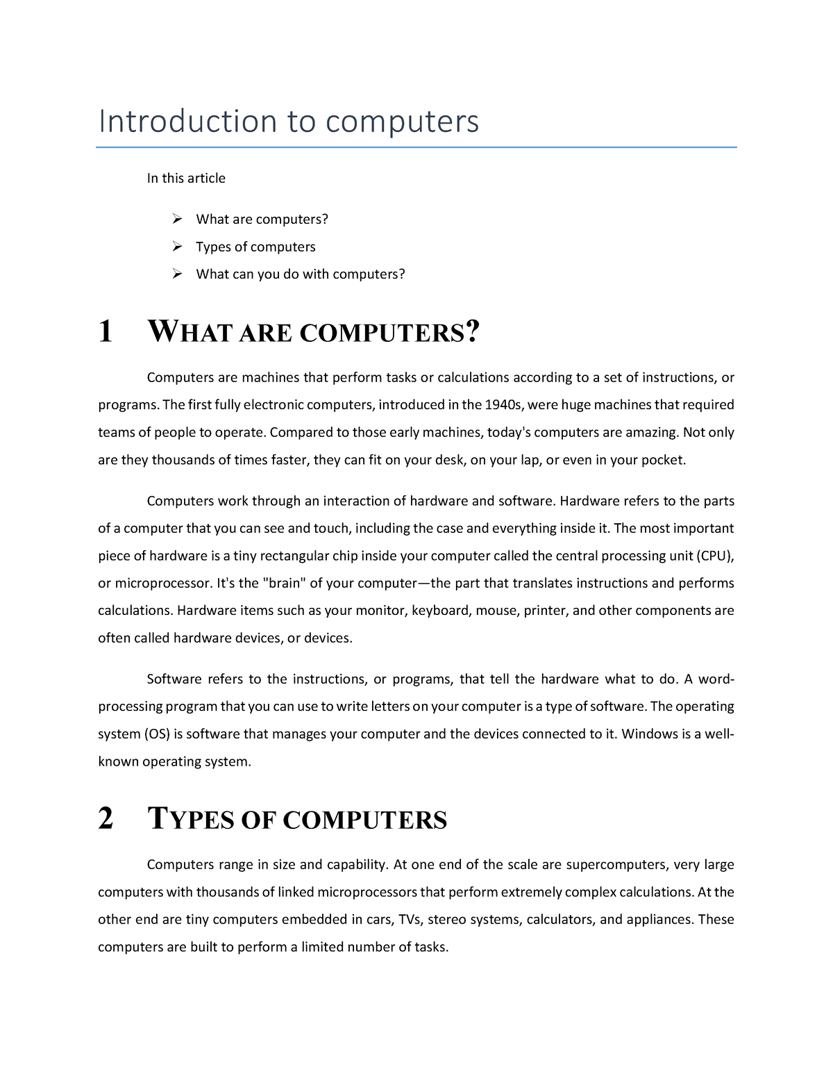 Introduction to computers formatted - Introduction to computers In this ...