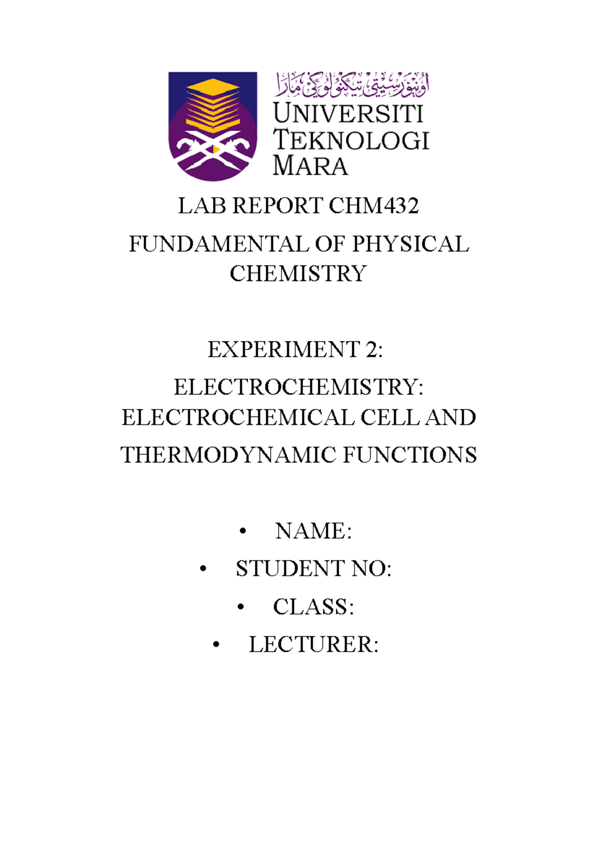 LAB Report 2 CHM432 LAB REPORT CHM FUNDAMENTAL OF PHYSICAL CHEMISTRY