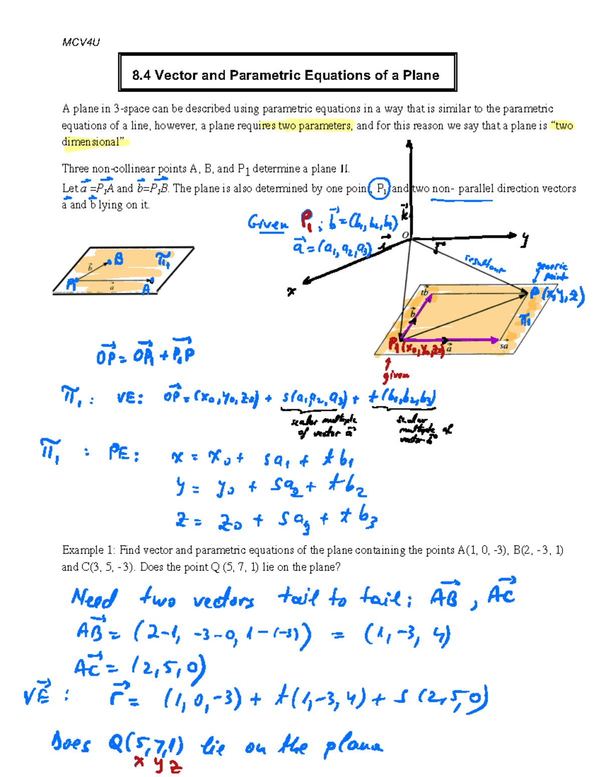 Completed Lesson Notes - 8.4 Vector and Parametric Equation of a Plane ...