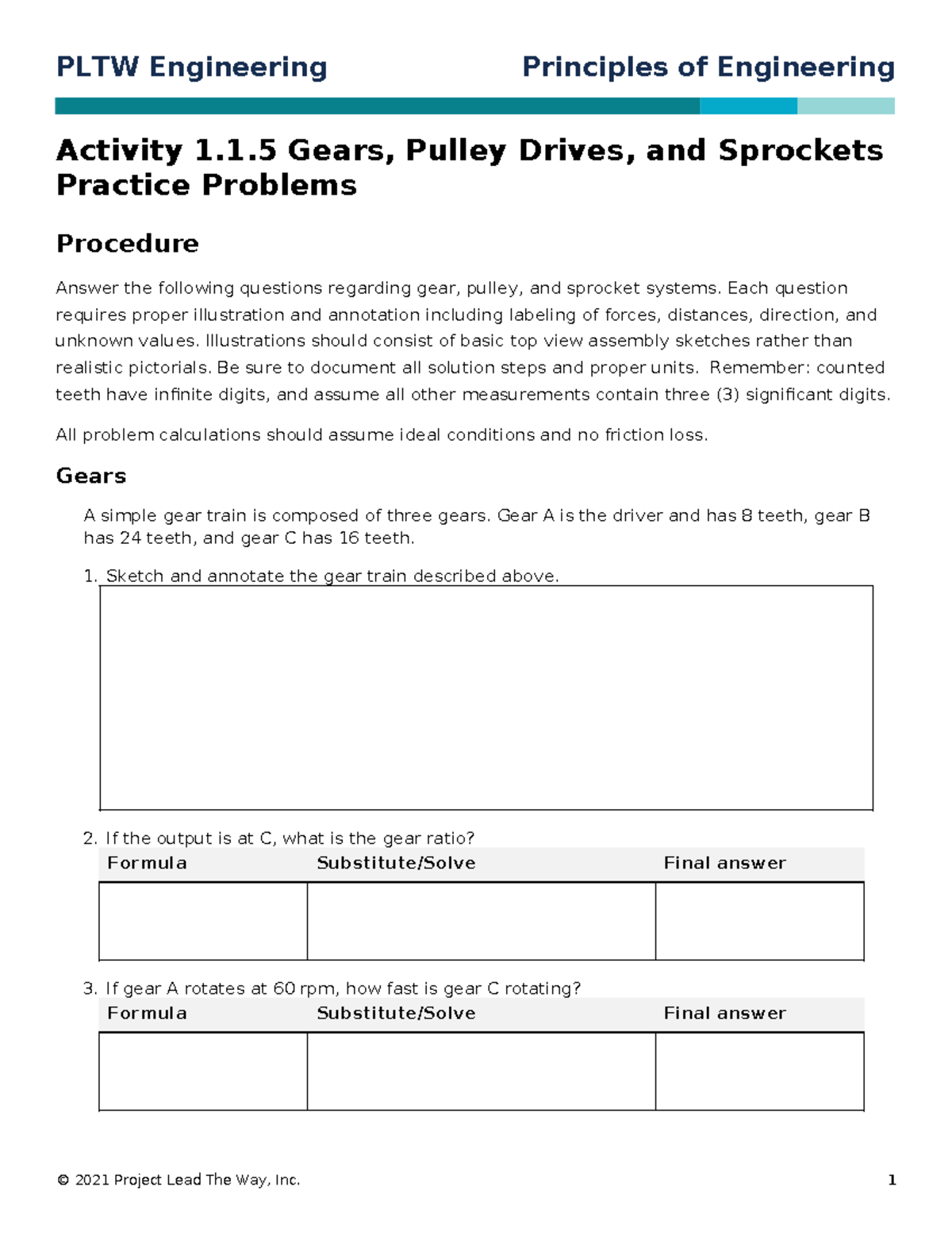 Poe 115 Gears Pulley Drives Sprockets Practice Problems Activity 1.1