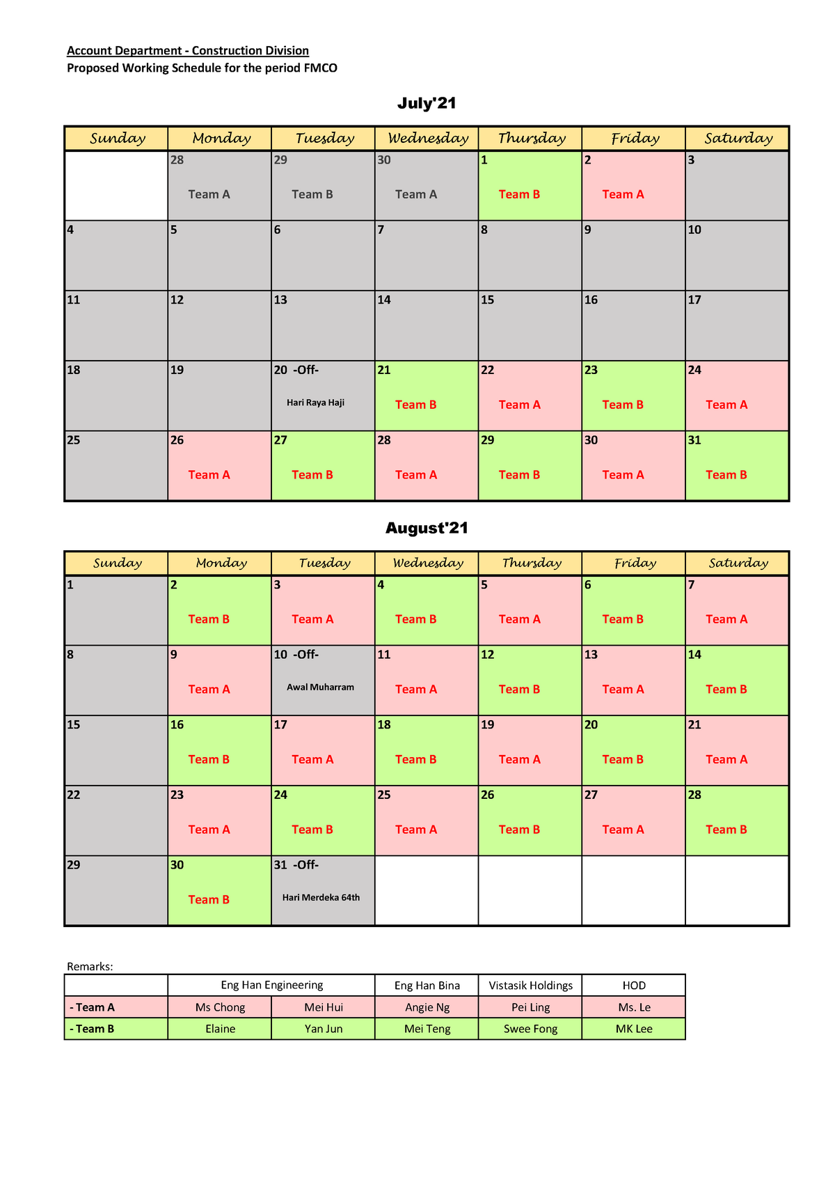 Working Schedule (July'21 - Aug'21) for njnkp - Accounting - MMU - Studocu