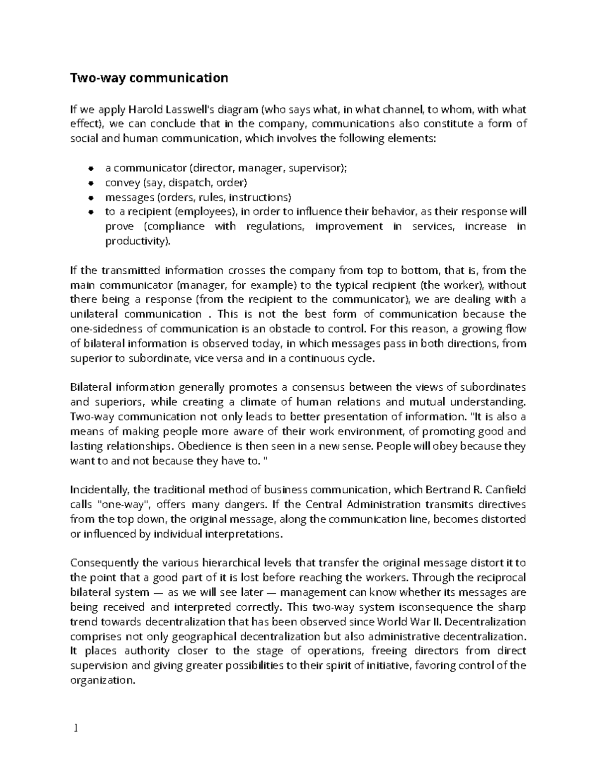 Bilateral communication. Twoway communication If we apply Harold