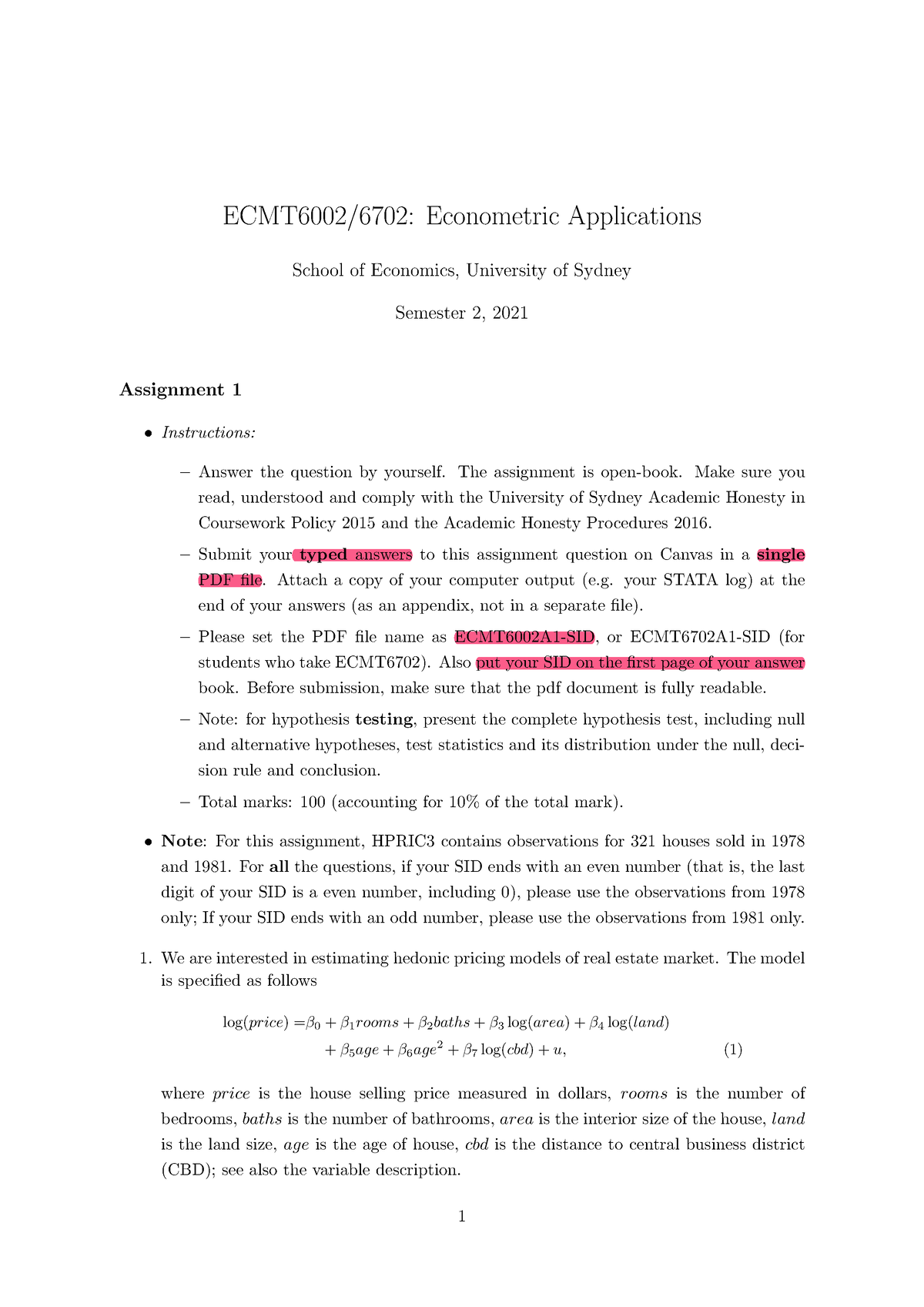 Ecmt6002 (2021S2) Assignment 1 - ECMT6002/6702: Econometric ...