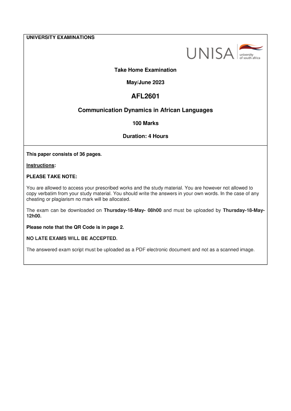 AFL2601 - Assignments - UNIVERSITY EXAMINATIONS Take Home Examination ...