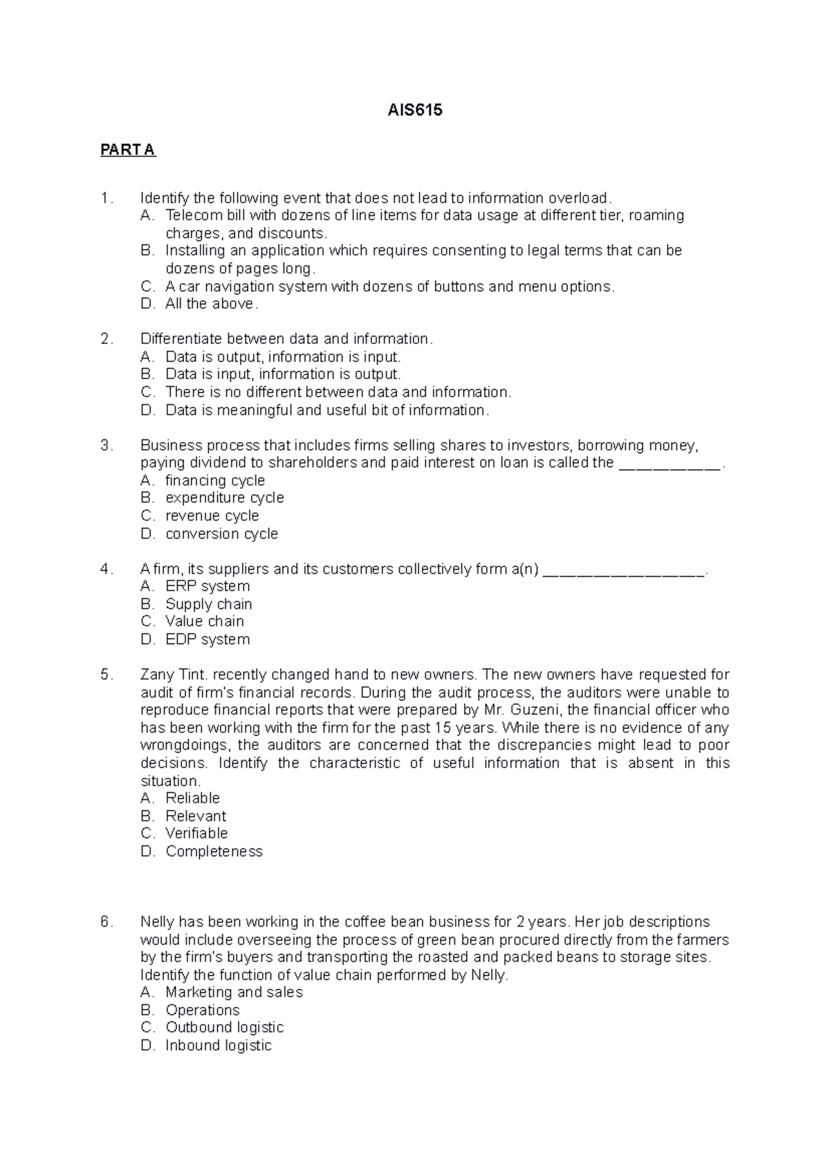 AIS615 - Tutorial 2 ( Question) - 24 October 2023 - AIS PART A Identify ...