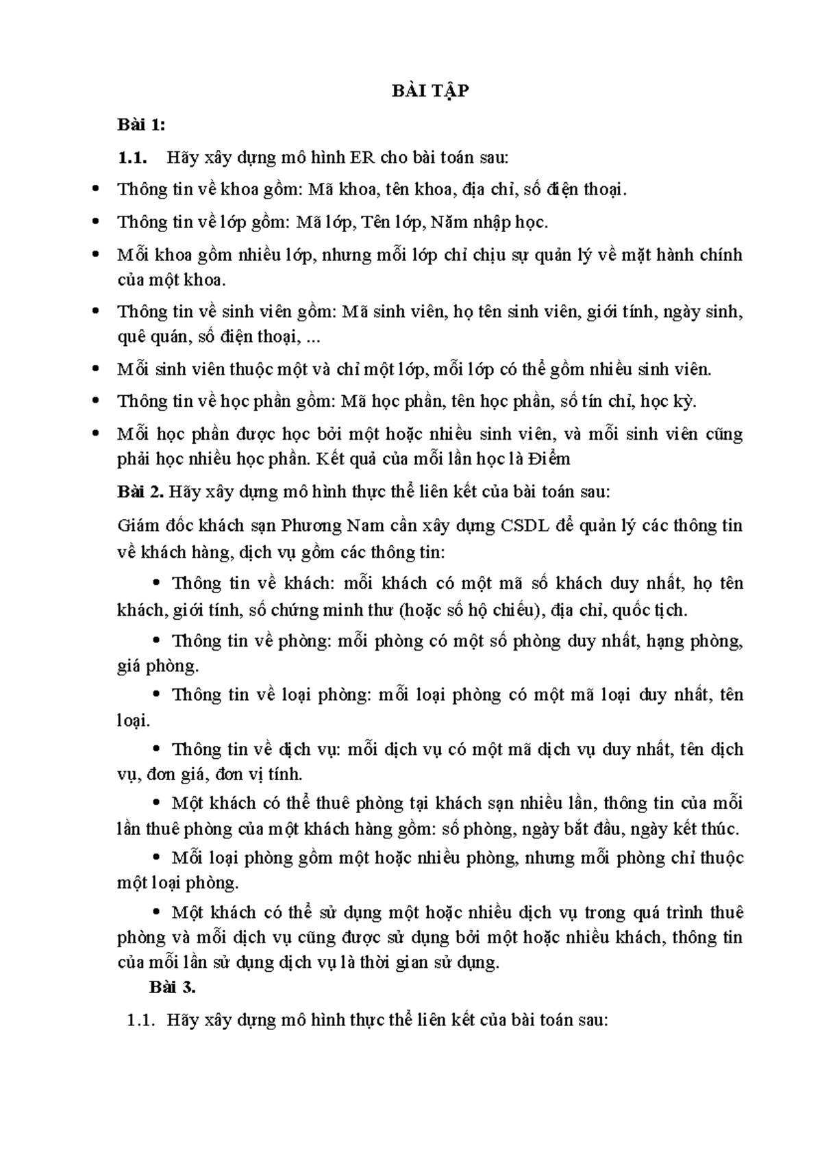 BTMô hình ER Bài tập BÀI TẬP Bài 1 Hãy xây dựng mô hình ER cho