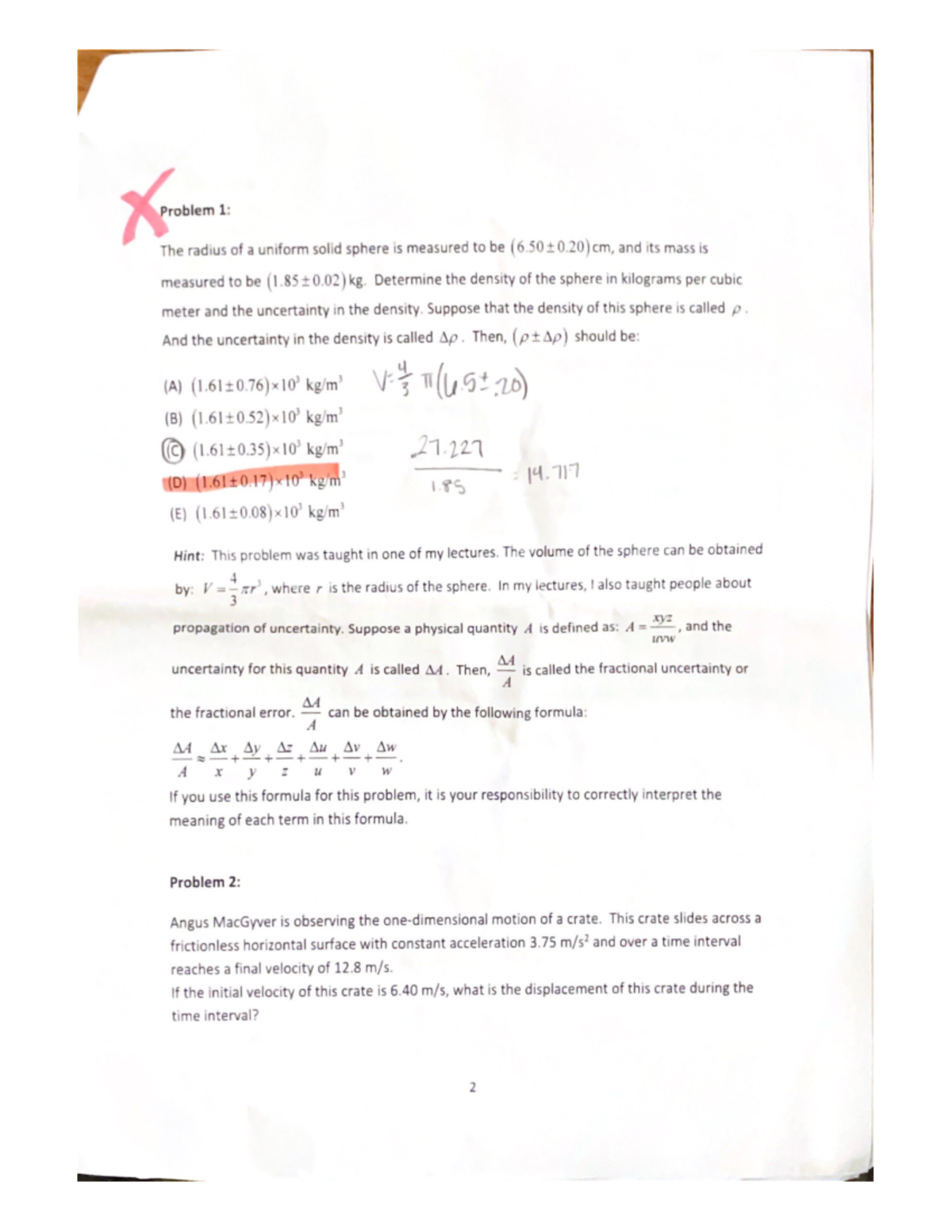 Physics 1 Exam 1 PHYS 1408 TTU Studocu