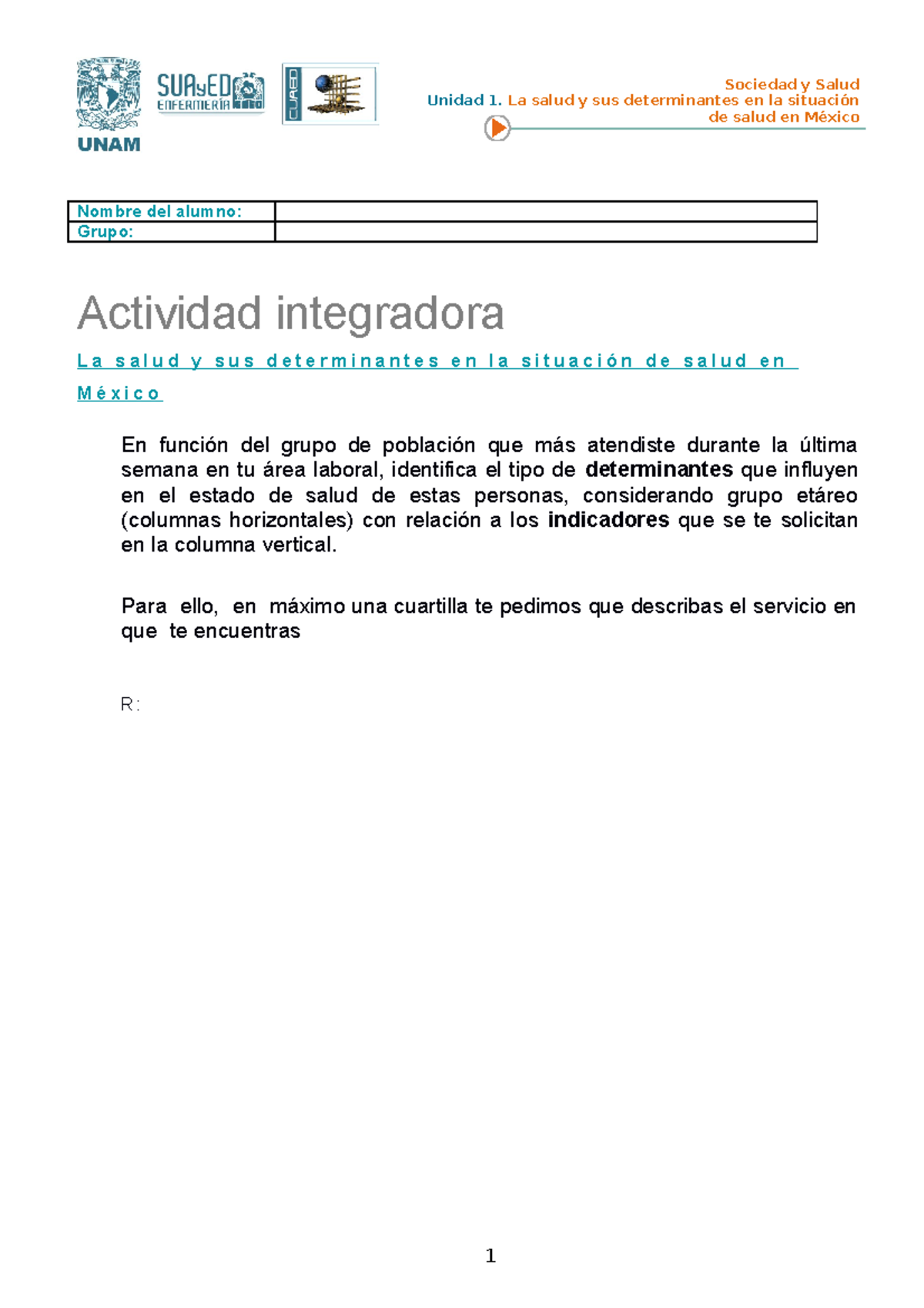 Unidad 1 Ensay - Actividad Integradora - Sociedad Y Salud Unidad 1. La ...