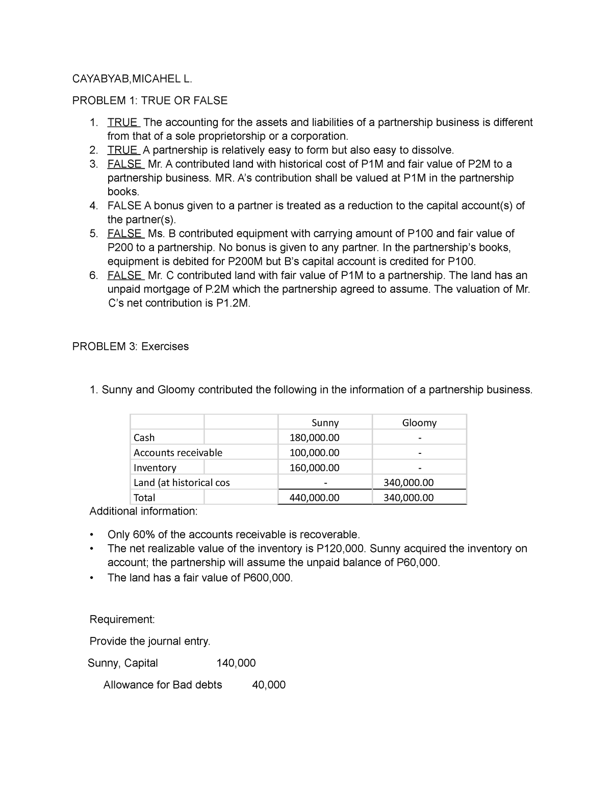 Accounting-14 - none - CAYABYAB,MICAHEL L. PROBLEM 1: TRUE OR FALSE ...