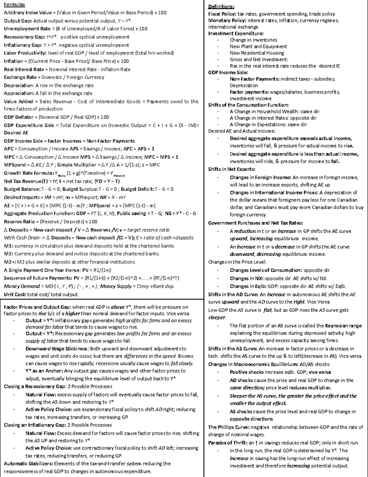 EC140 Cheat Sheet - Formulas Arbitrary Index Value = (Value in Given ...