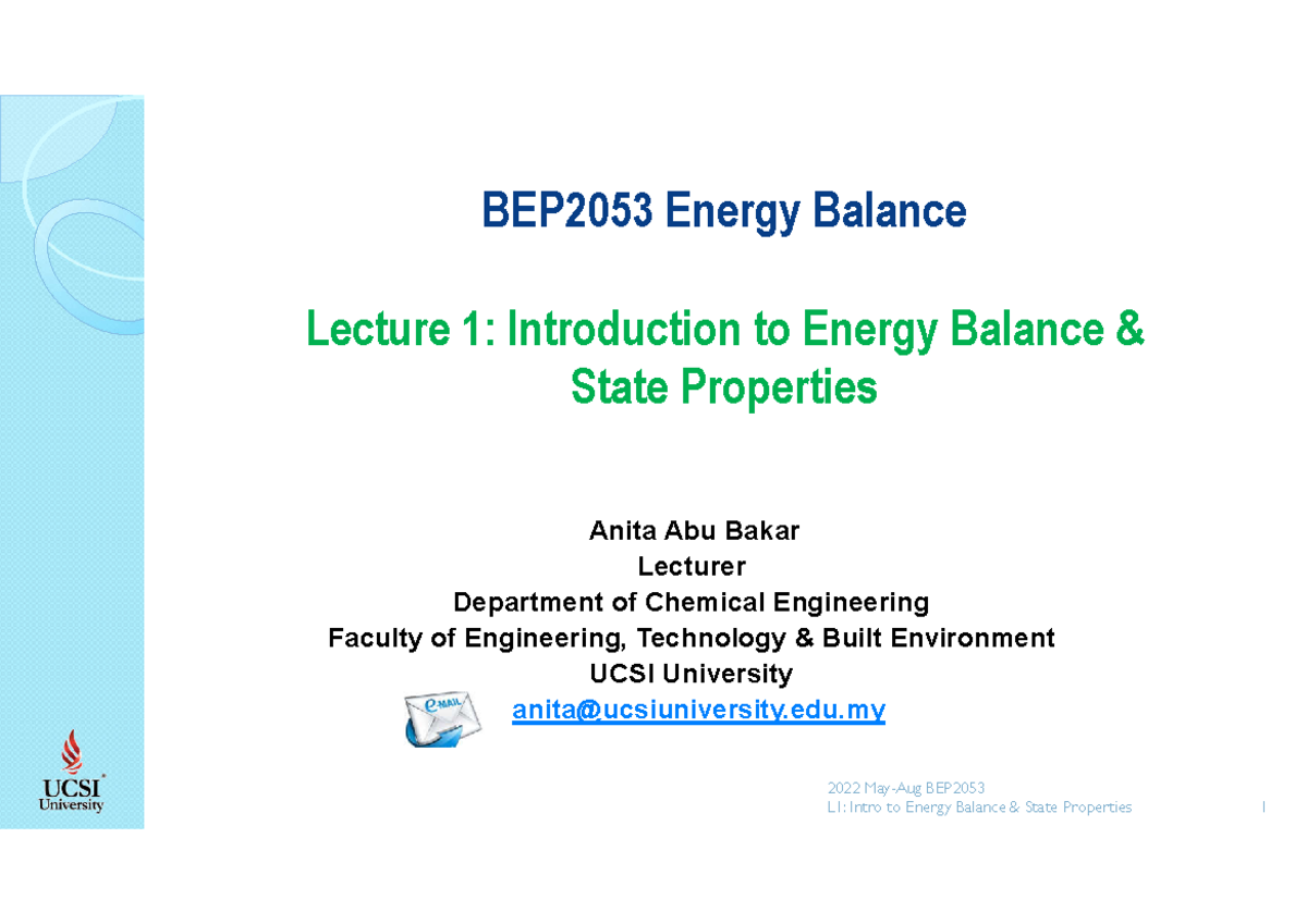 L1 Intro To Energy Balance & State Properties - BEP2053 Energy Balance ...