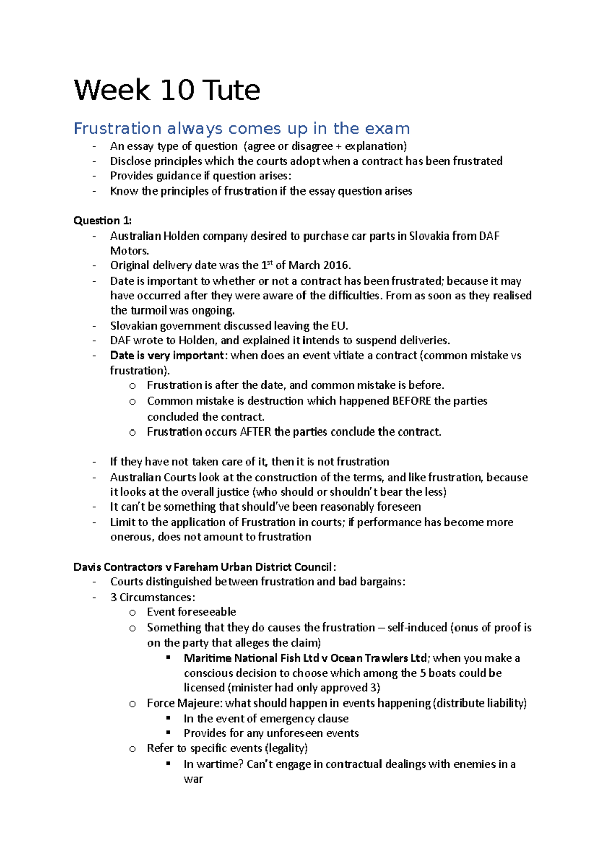 Week 10 Tute - A few case summaries - Week 10 Tute Frustration always ...