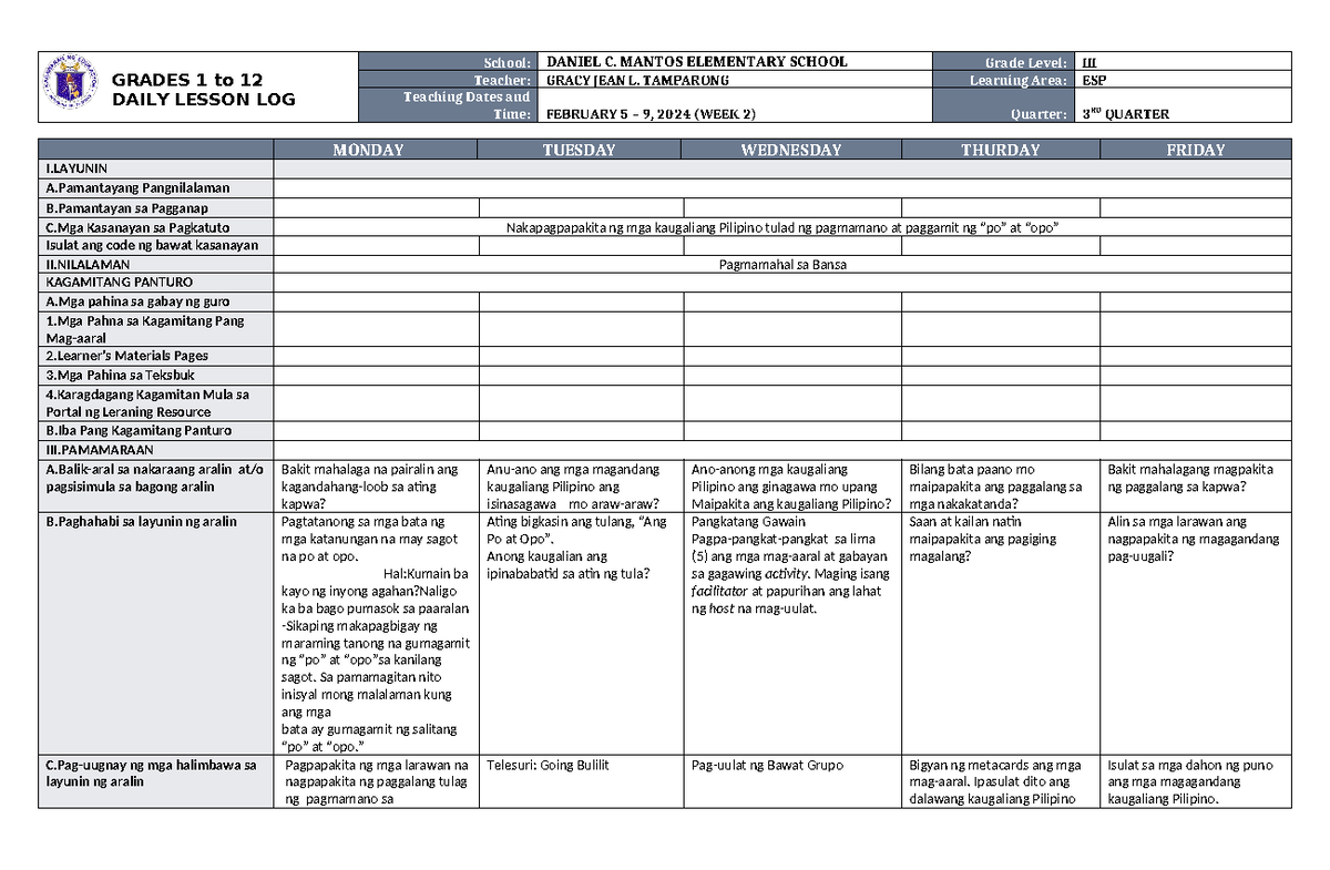 DLL ESP 3 Q3 W2 - DLL ESP 3 Q3 W1 - GRADES 1 to 12 DAILY LESSON LOG ...